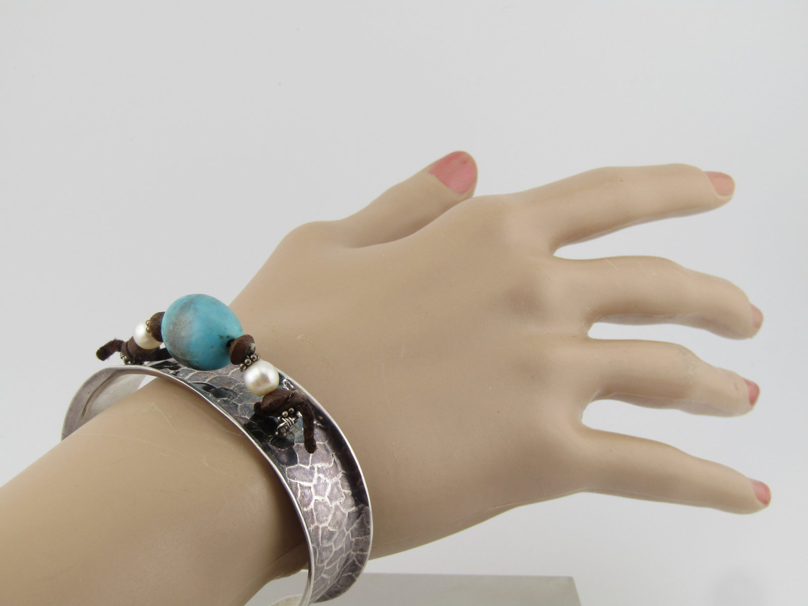 Vintage Hammered Sterling Turquoise Pearl Cuff Braclet, 7", Signed PD - 6