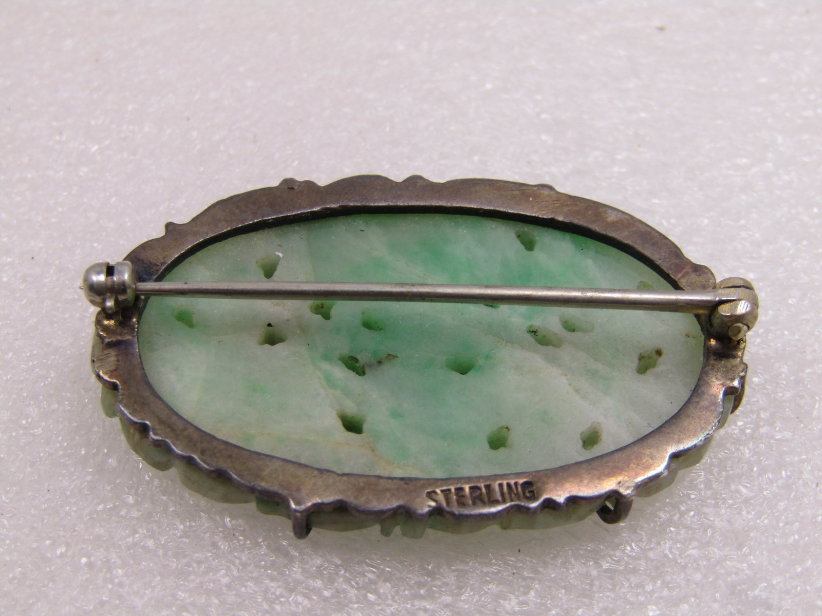Antique Sterling Carved Jade Floral Brooch, 1920's - 6