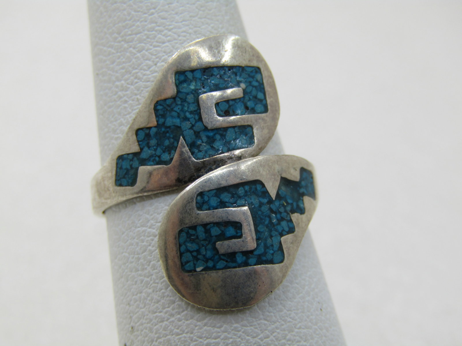 Vintage Sterling Silver Inlaid Turquoise Ring, Bypass, Mexico, Signed TC-299 - 2