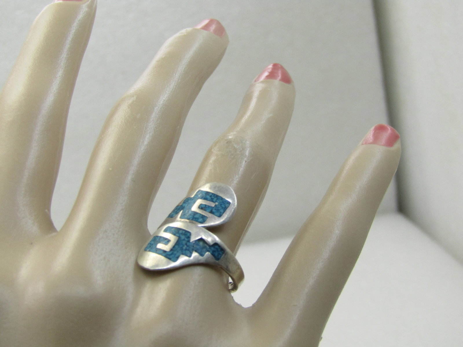 Vintage Sterling Silver Inlaid Turquoise Ring, Bypass, Mexico, Signed TC-299 - 6