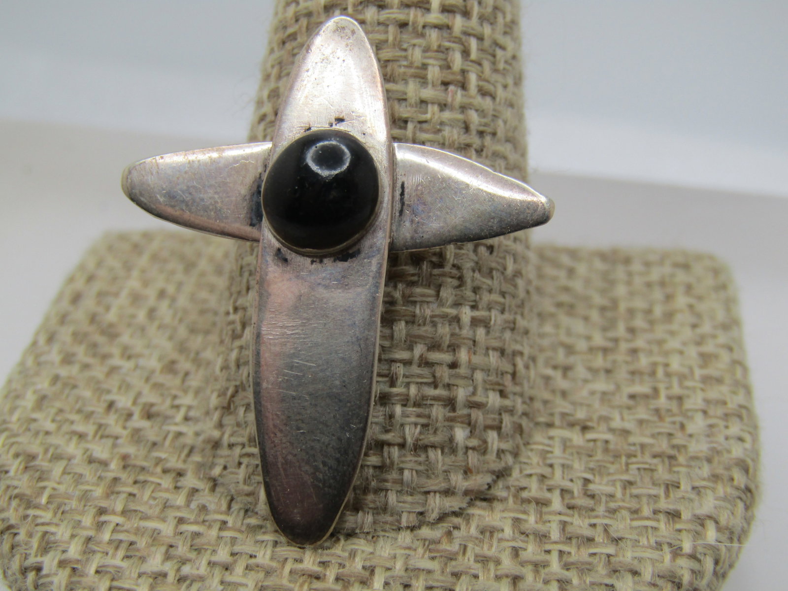 Vintage Sterling Silver Cross Pendant, Onyx Stone, Handmade, 1970's-1980's - 3