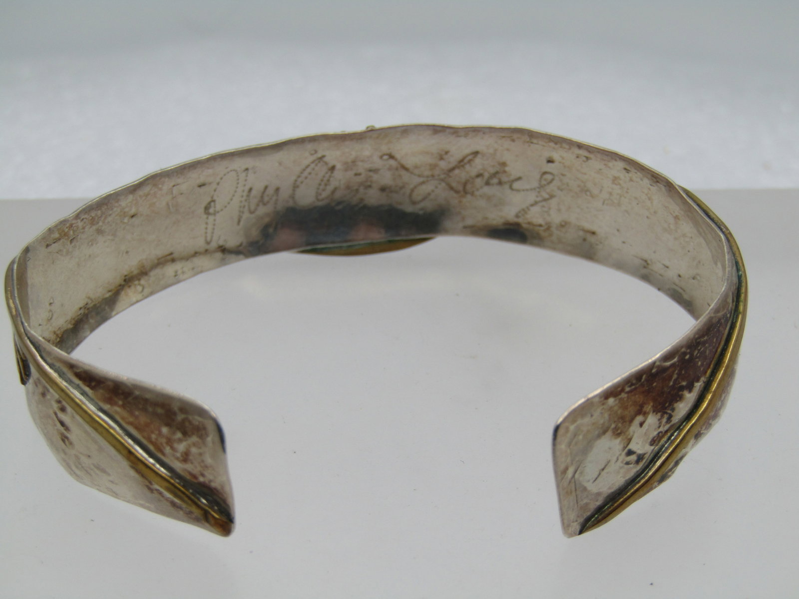 Vintage Sterling and Brass Cuff Braclelet, Sun Scrolled, 6.5" Signed Phyllis Lang - 5