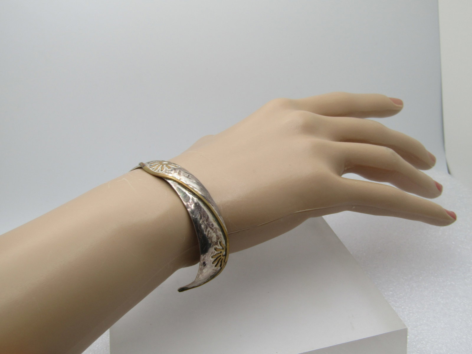 Vintage Sterling and Brass Cuff Braclelet, Sun Scrolled, 6.5" Signed Phyllis Lang - 6