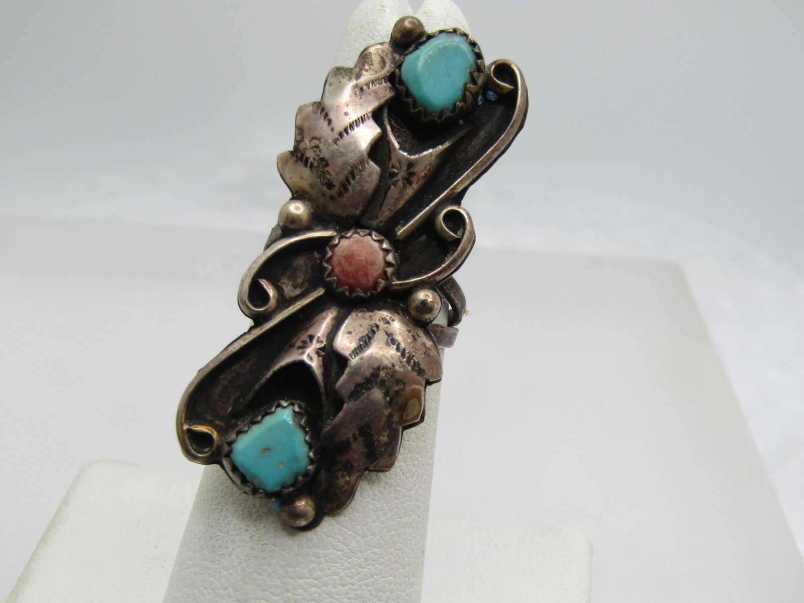 Vintage Sterling Southwestern Turquoise Coral Ring, Sz. 6, 1.75" Unisex - 2