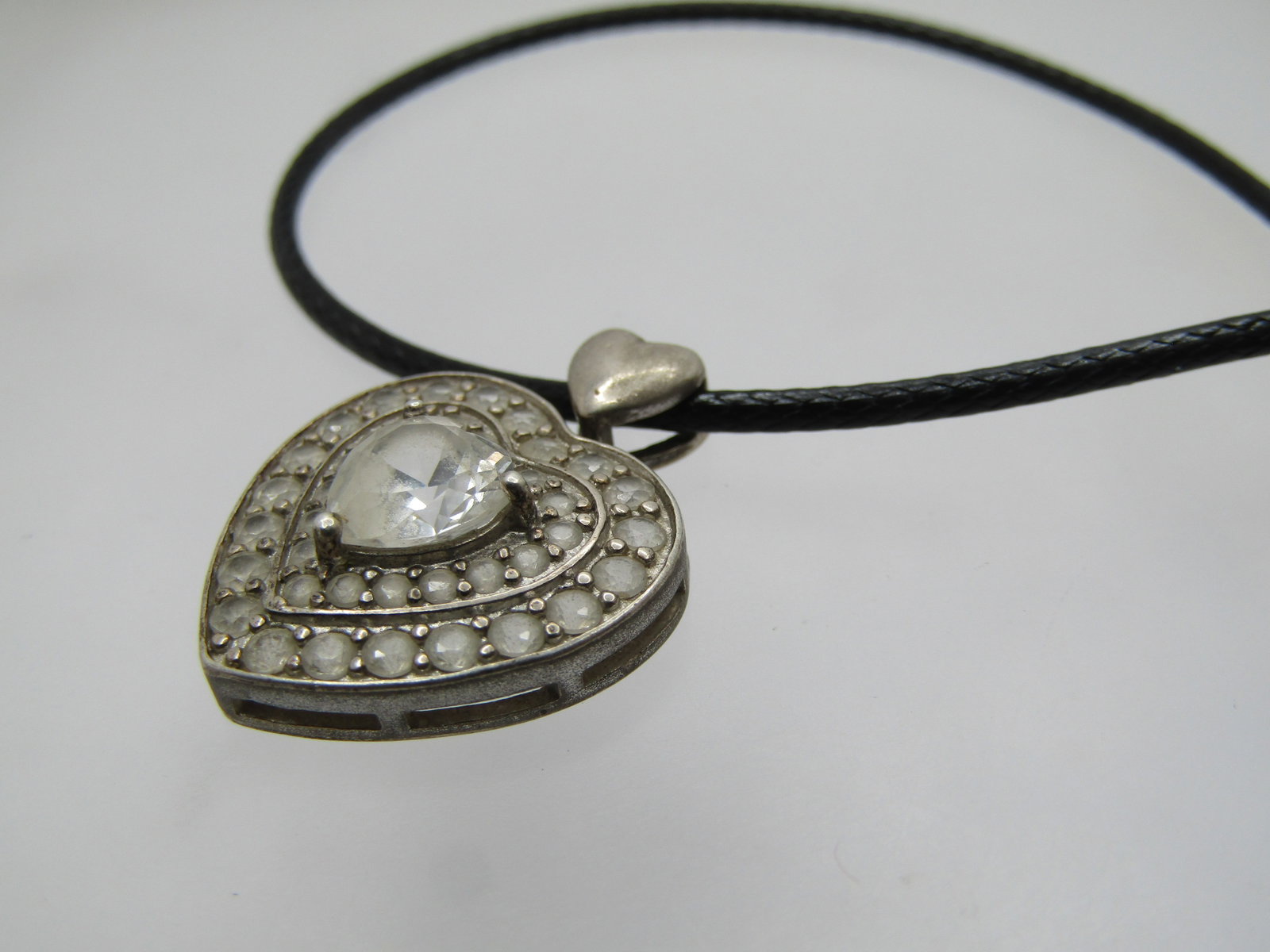 Vintage Sterling Heart Moissanite Necklcae, 20" Black Cord Chain, Signed CW - 7