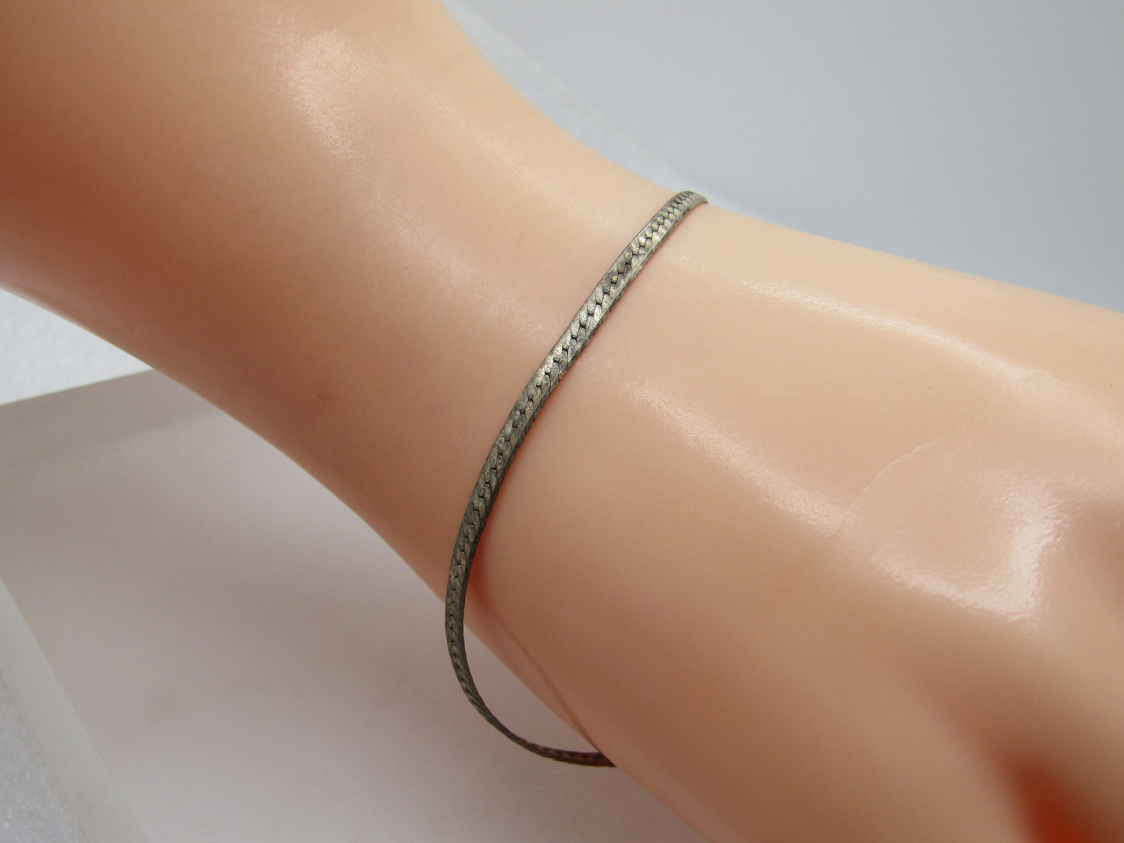 Vintage Sterling Herringbone Bracelet, 8.5", Signed with Star and Bars, 1970's-1980's. Unisex - 2
