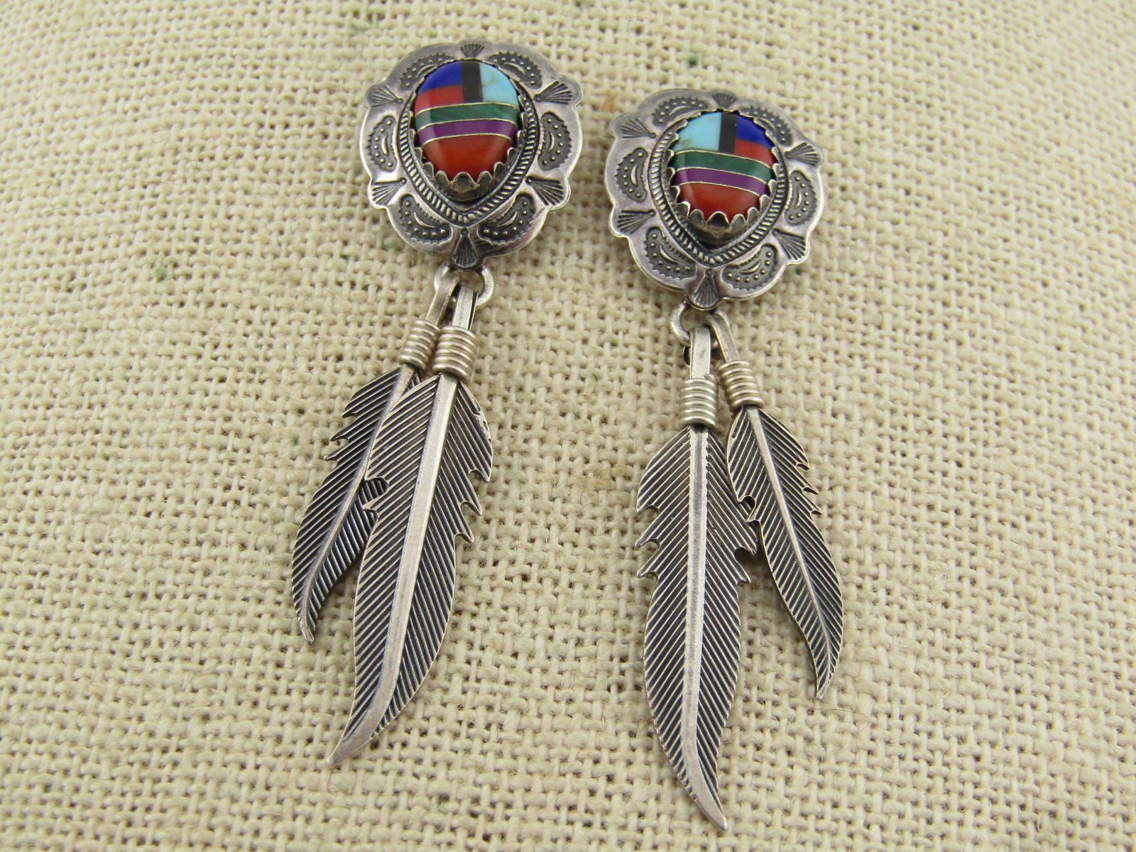 Vintage Sterling Southwestern Inlaid Drop Feather Earings, Pierced, Signed QT, 1980's-1990's - 3