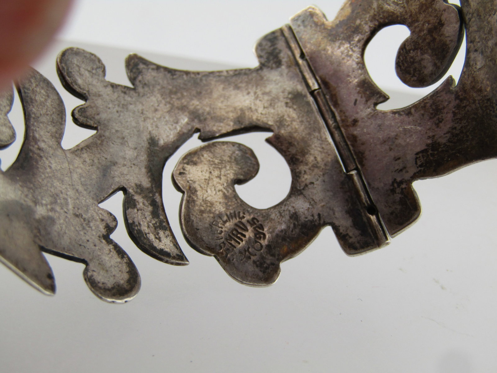 Vintage Sterling Floral Scroll Hinged Bracelet, 6.25", Taxco, Mexico, 1940's, Signed MRV - 3