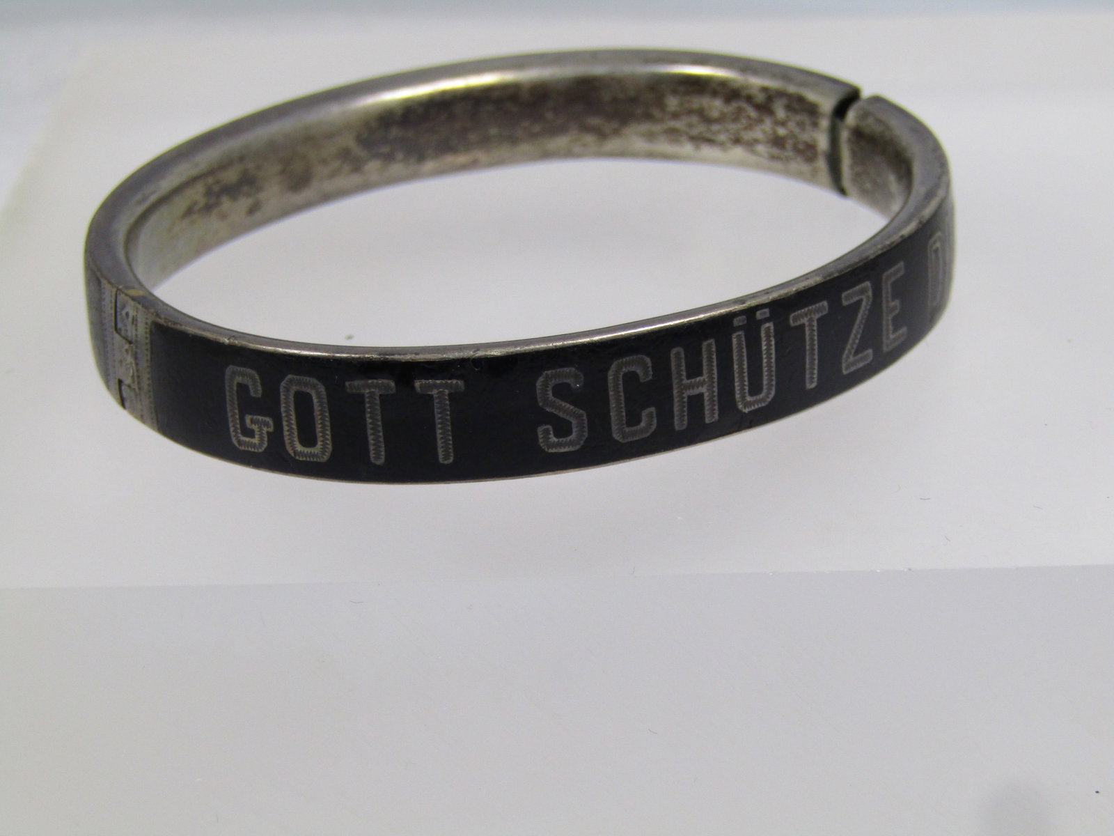 Vintage .800 Silver Enameled German/Austrian Gott Schutze Dich Hinged Bangle Bracelet, 6.25", - 5