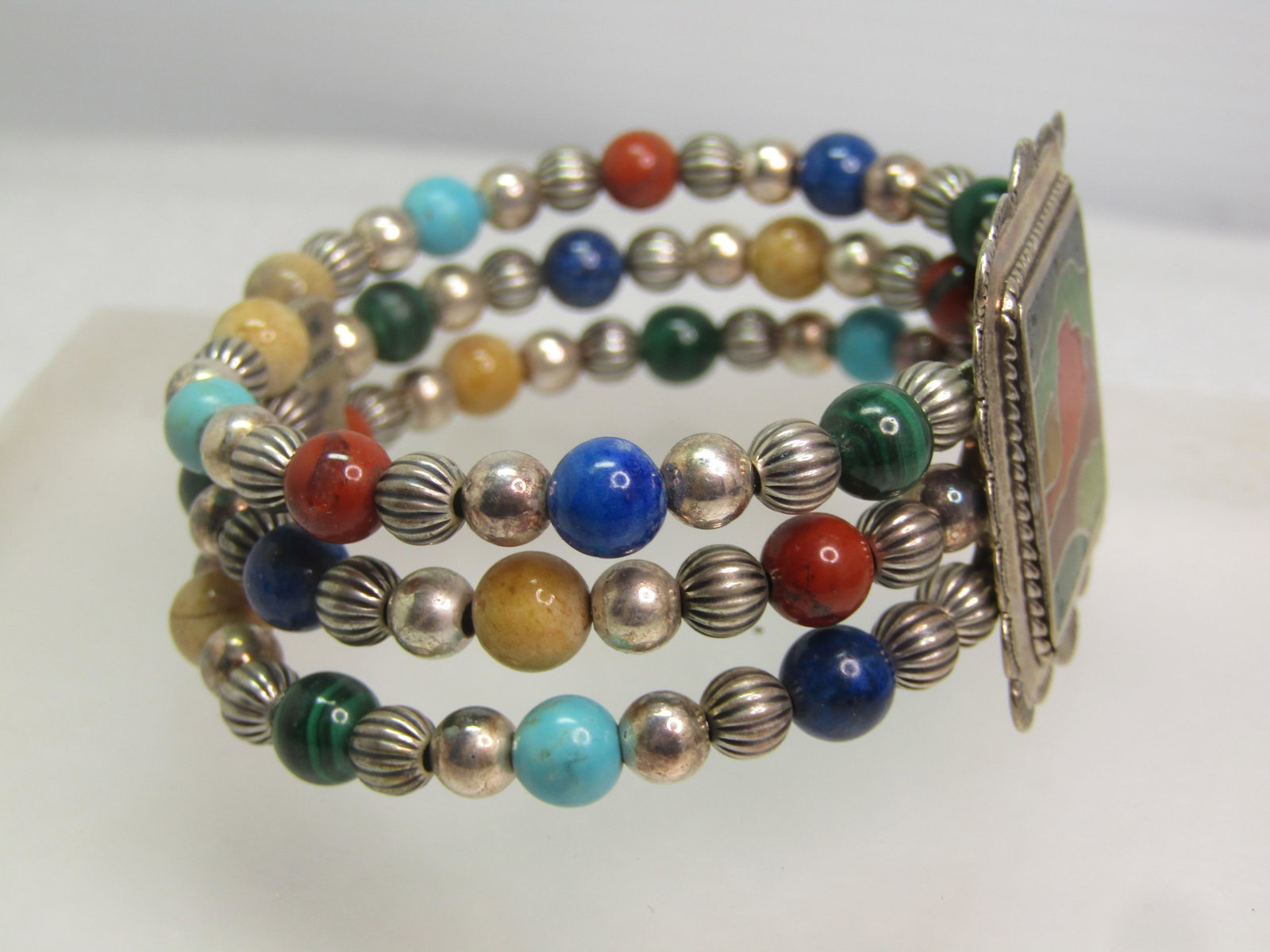 Carolyn Pollack Sterling Inlaid and Beaded Bracelet, Triple Strand Wrap, 1990's, 6.5" adjustable - 2
