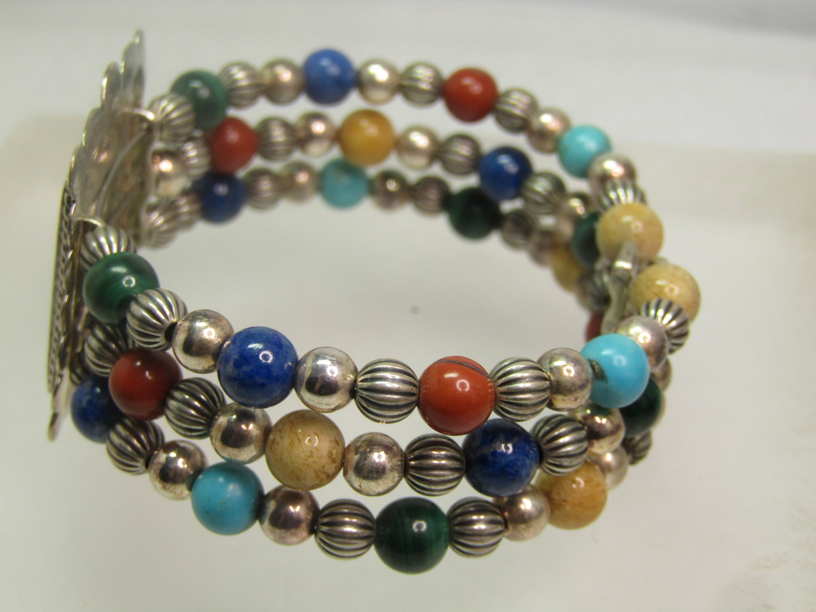Carolyn Pollack Sterling Inlaid and Beaded Bracelet, Triple Strand Wrap, 1990's, 6.5" adjustable - 3