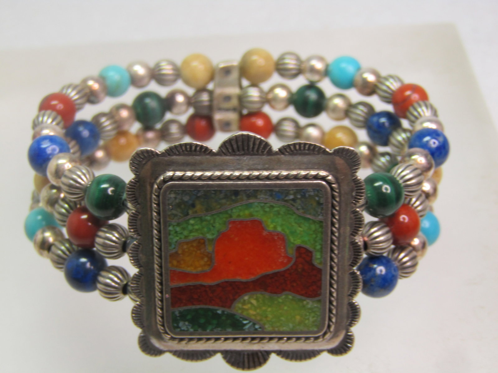 Carolyn Pollack Sterling Inlaid and Beaded Bracelet, Triple Strand Wrap, 1990's, 6.5" adjustable - 5