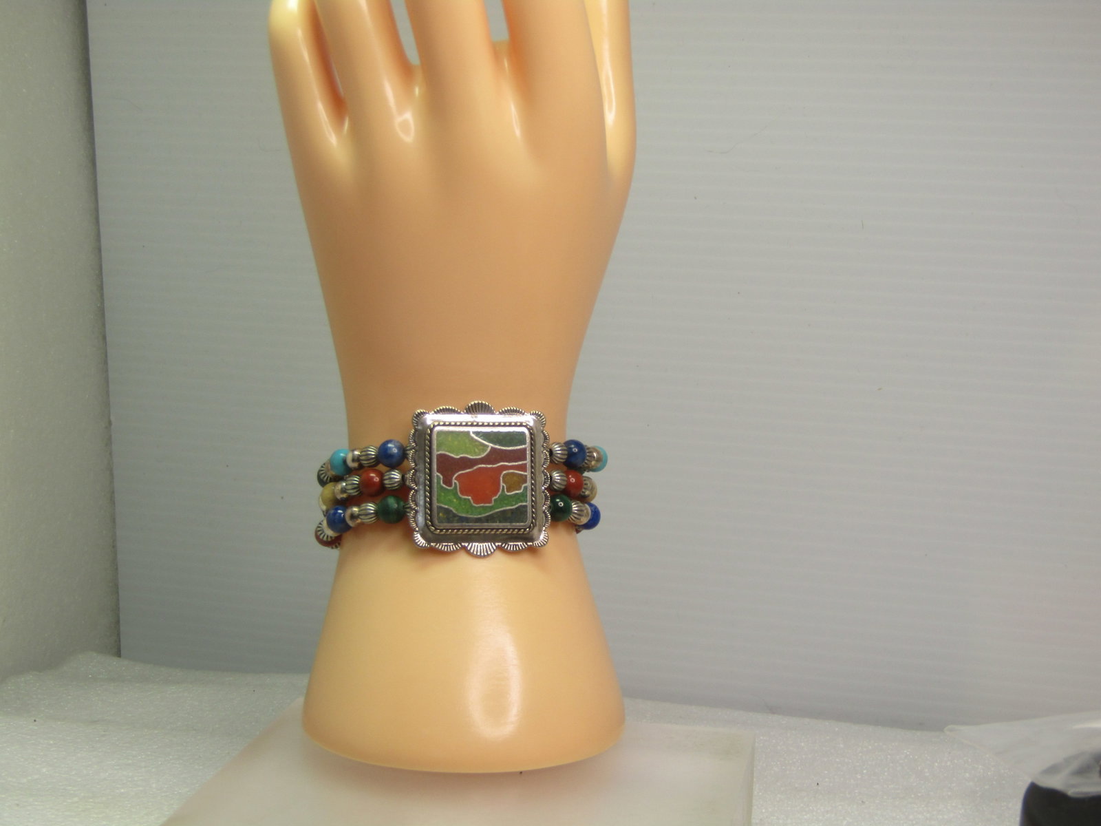 Carolyn Pollack Sterling Inlaid and Beaded Bracelet, Triple Strand Wrap, 1990's, 6.5" adjustable - 6