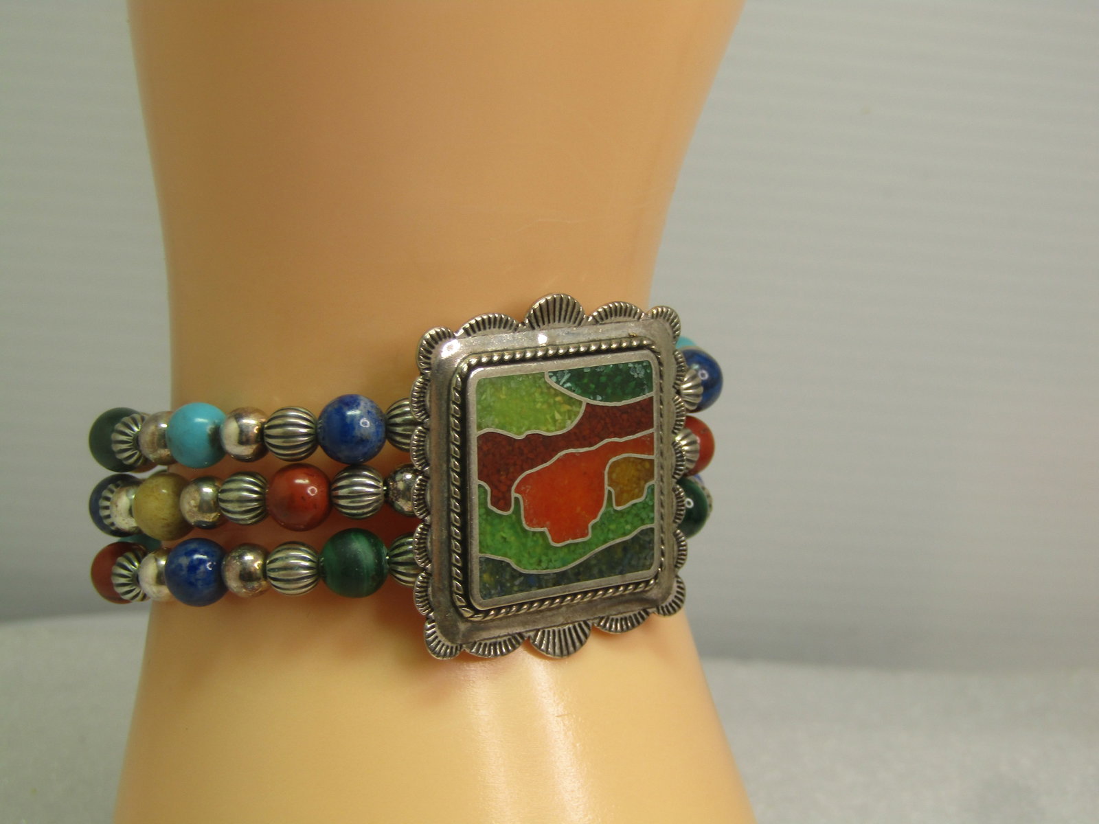 Carolyn Pollack Sterling Inlaid and Beaded Bracelet, Triple Strand Wrap, 1990's, 6.5" adjustable - 7