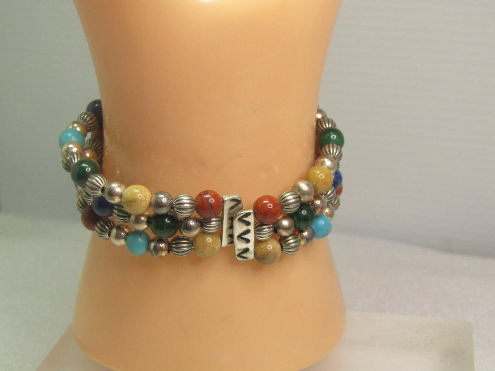 Carolyn Pollack Sterling Inlaid and Beaded Bracelet, Triple Strand Wrap, 1990's, 6.5" adjustable - 8