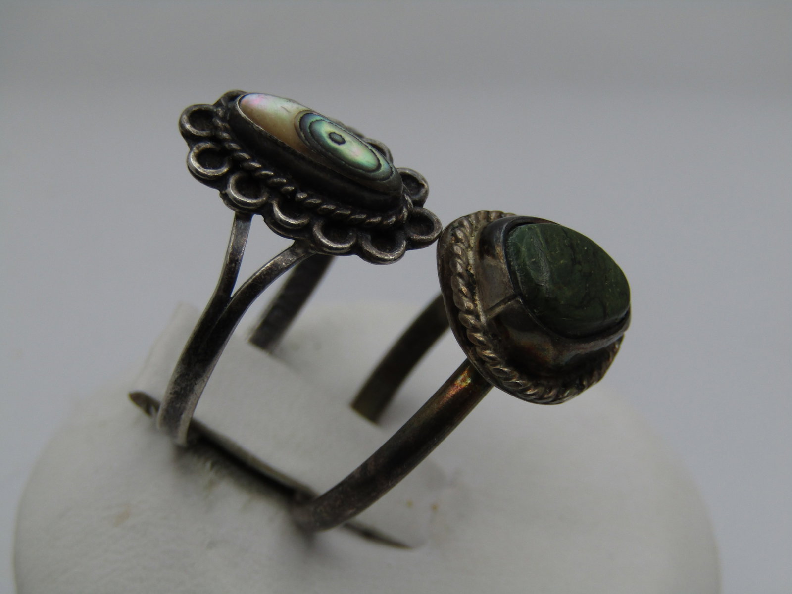Vintage 2 Sterling Southwestern Rings, Sz. 8, Abalone and Green Stone, 1960's-1970's - 2