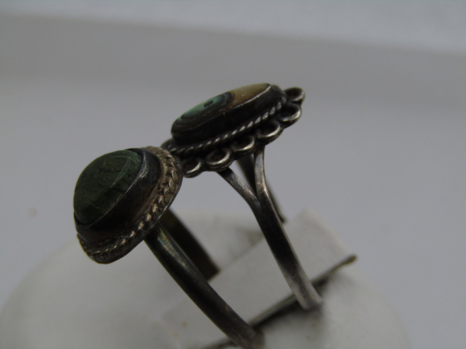 Vintage 2 Sterling Southwestern Rings, Sz. 8, Abalone and Green Stone, 1960's-1970's - 3