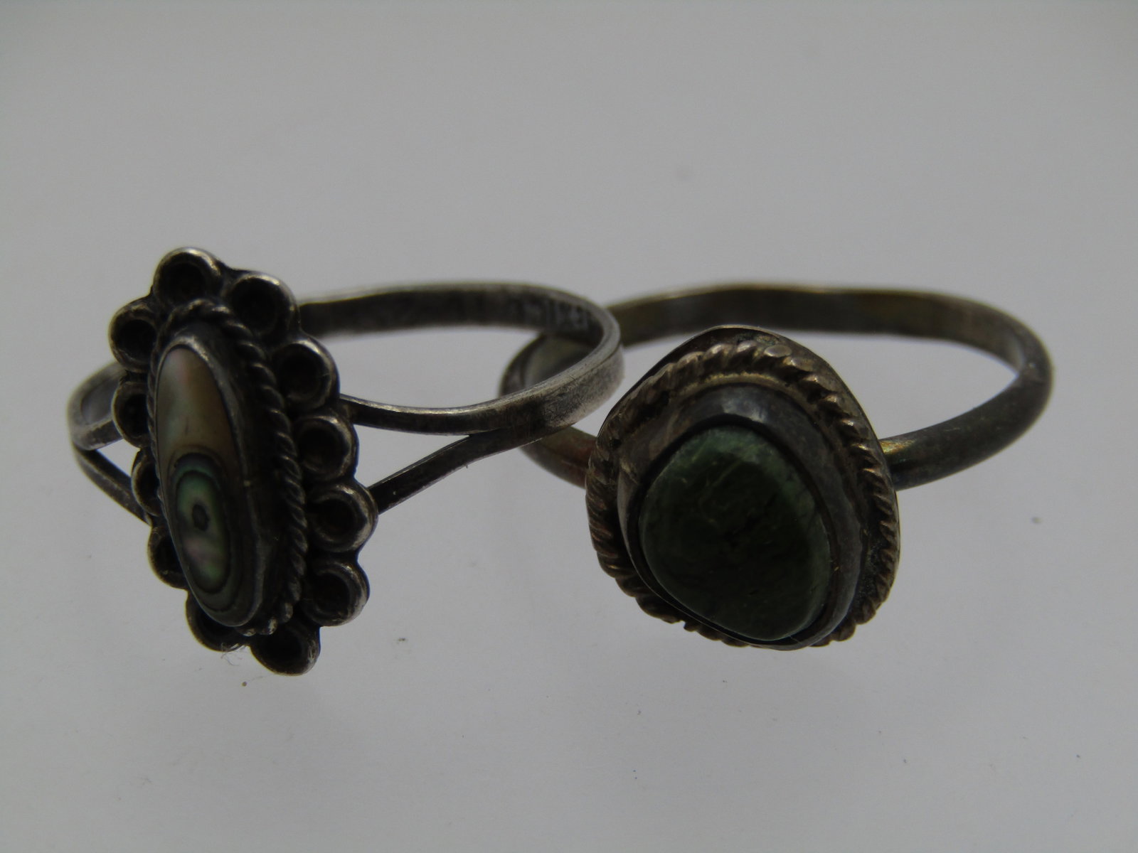 Vintage 2 Sterling Southwestern Rings, Sz. 8, Abalone and Green Stone, 1960's-1970's - 4