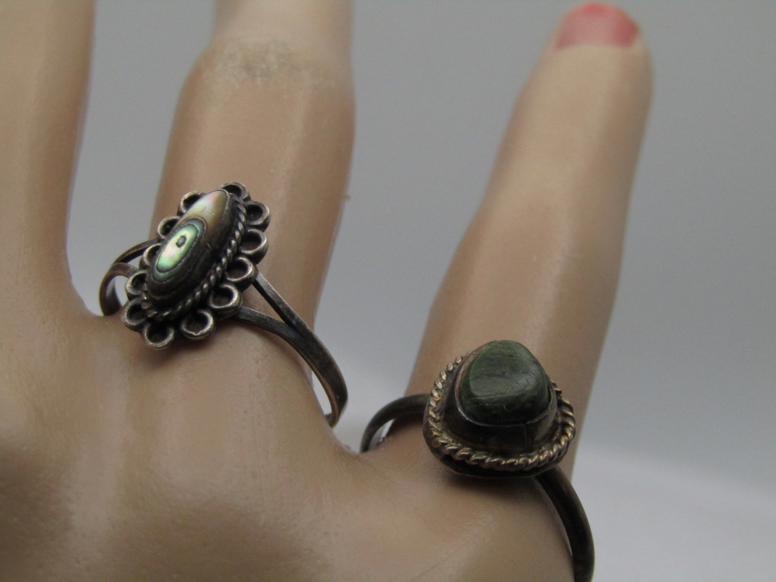 Vintage 2 Sterling Southwestern Rings, Sz. 8, Abalone and Green Stone, 1960's-1970's - 6