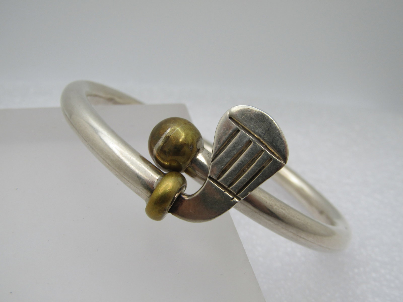 Vintage Sterling and Brass Golf Club Bracelet, Bangle , 6.75", Navika - 2