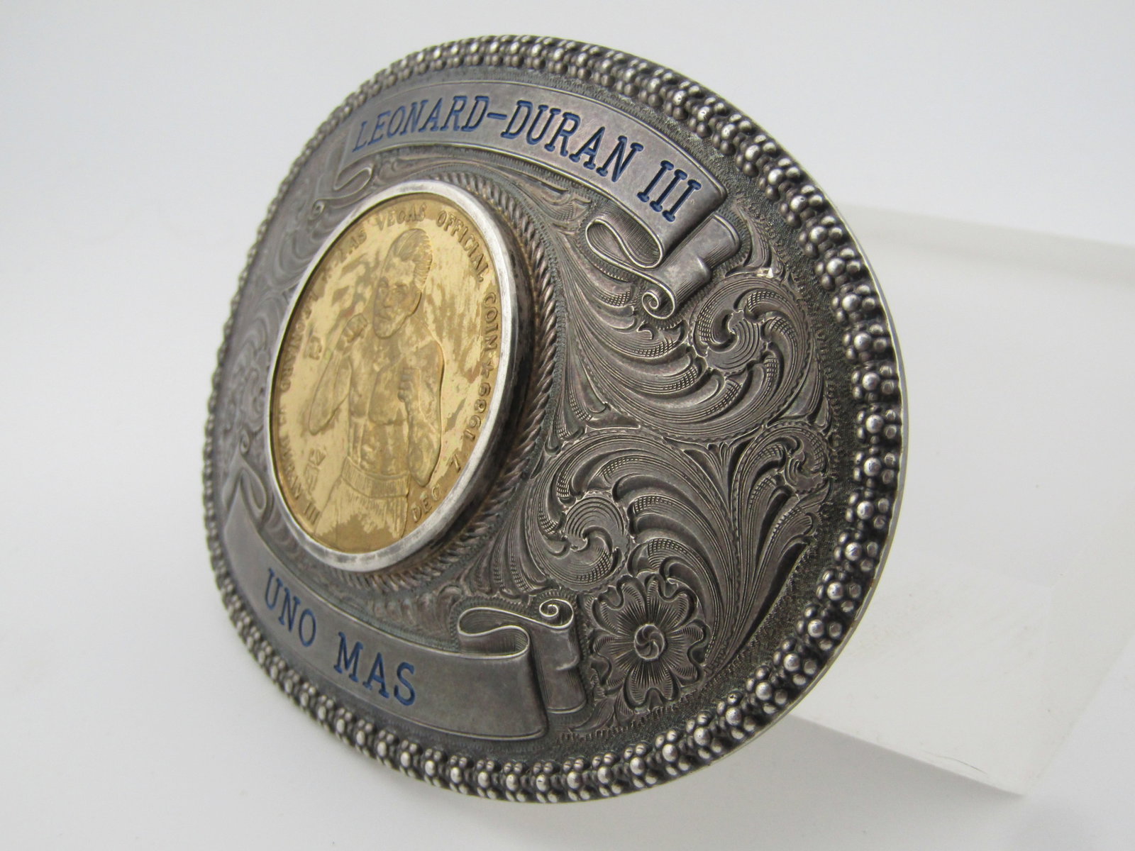 Sterling Silver Overlay 1989 Leonard vs. Duran III, UNO Mas Belt Buckle - 2