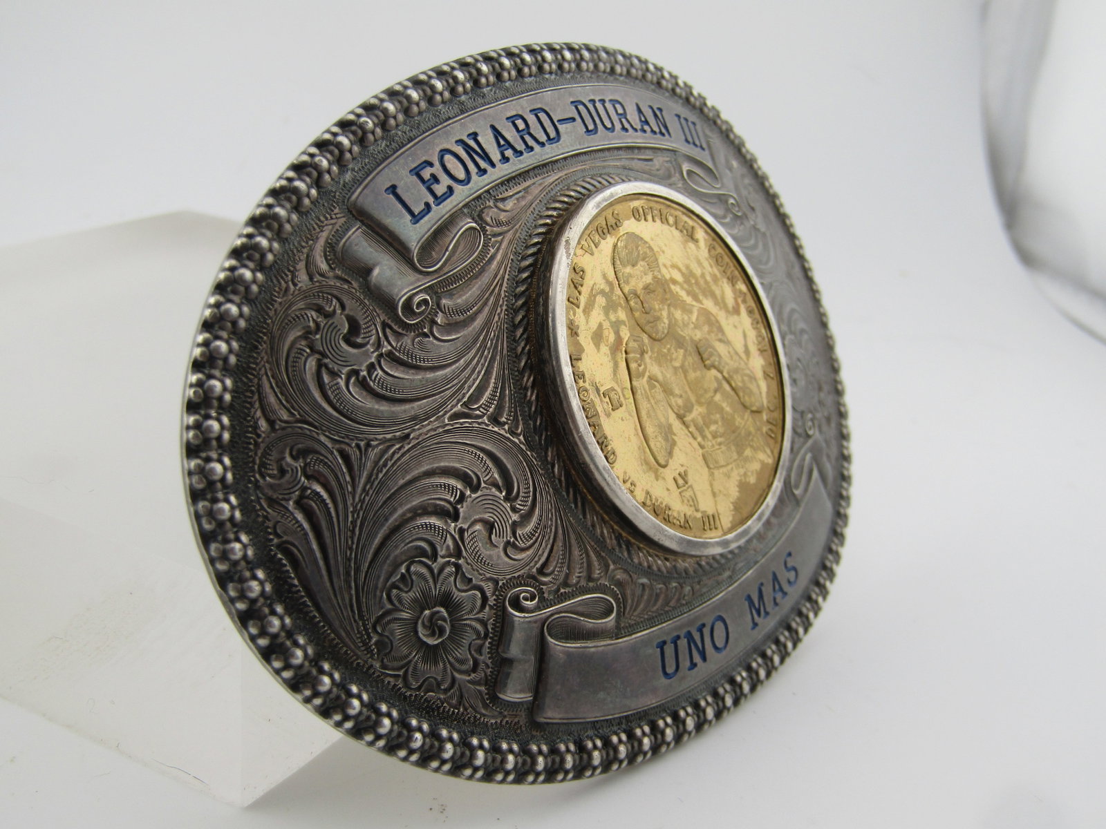 Sterling Silver Overlay 1989 Leonard vs. Duran III, UNO Mas Belt Buckle - 3