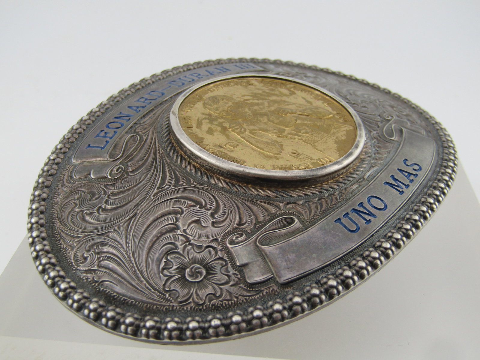 Sterling Silver Overlay 1989 Leonard vs. Duran III, UNO Mas Belt Buckle - 6