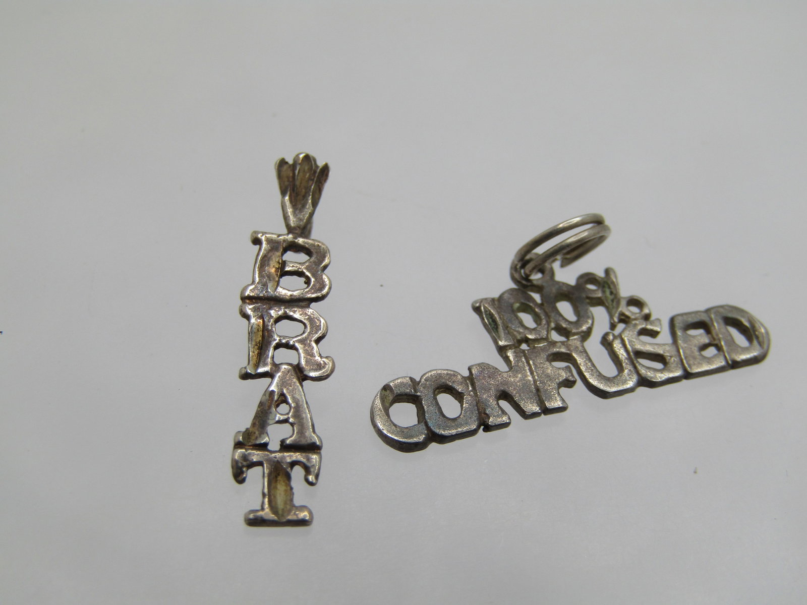 Vintage 2 Sterling Pendants 100% Confused, Brat, Signed - 2