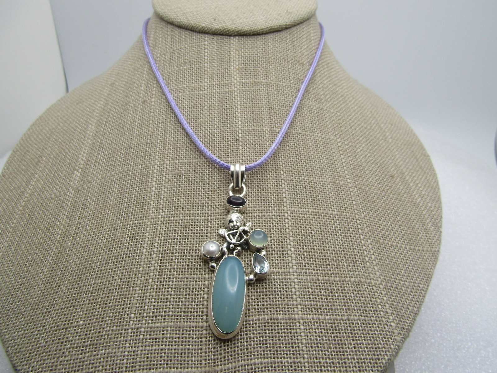 Sterling Silver Angel/Cherub, Amethyst Mixed Stone Necklace. 18"-20" - 2