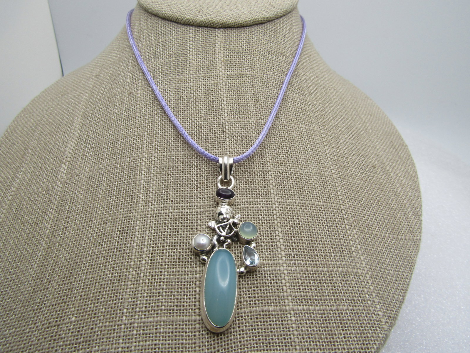 Sterling Silver Angel/Cherub, Amethyst Mixed Stone Necklace. 18"-20" - 3