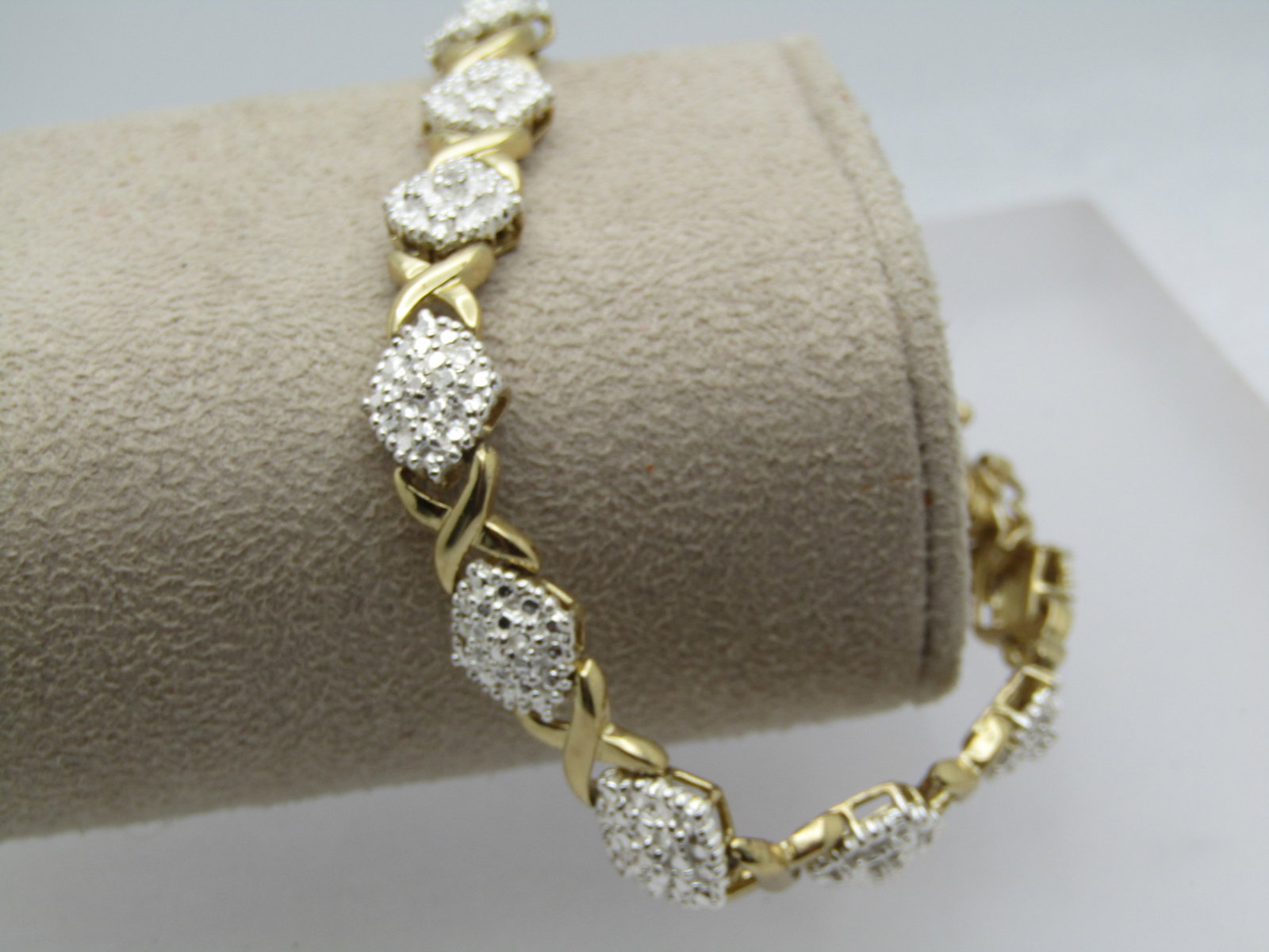 Vintage Sterling X O Diamond Tennis Bracelet, Gold Over, 7.75" Illusion - 2