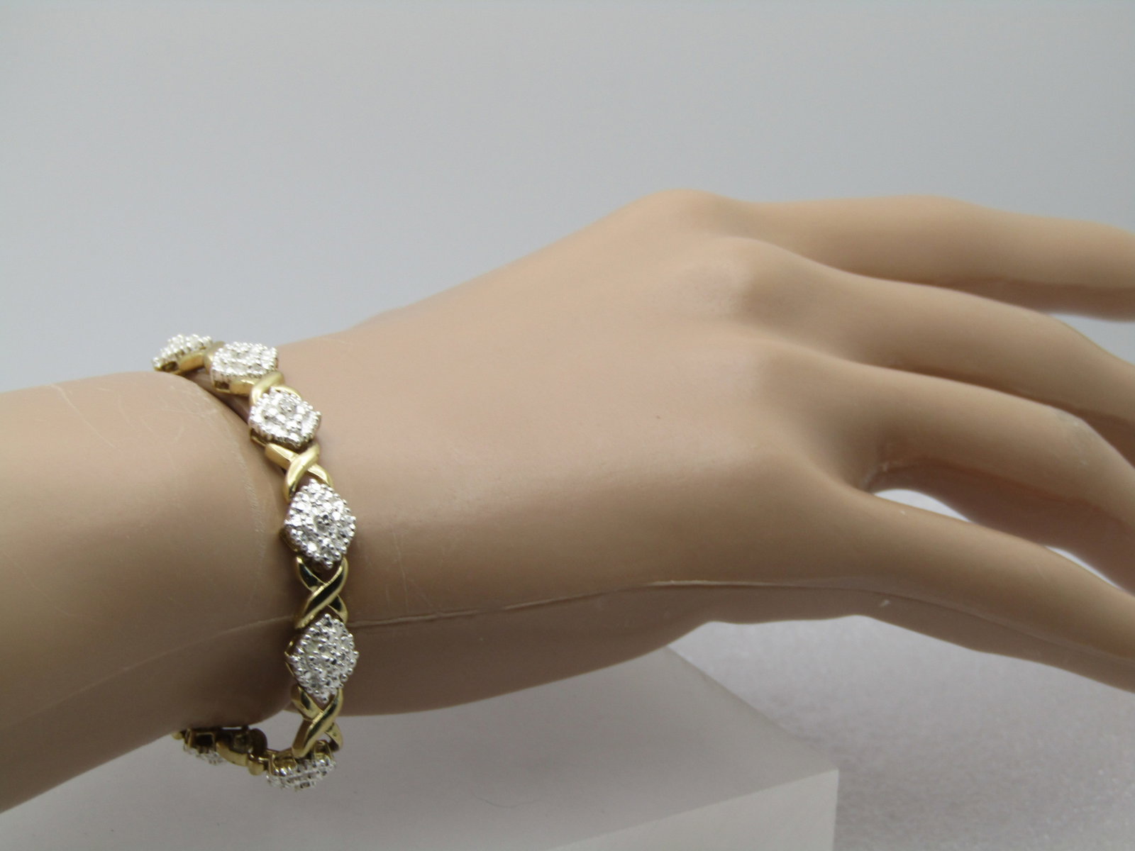 Vintage Sterling X O Diamond Tennis Bracelet, Gold Over, 7.75" Illusion - 4