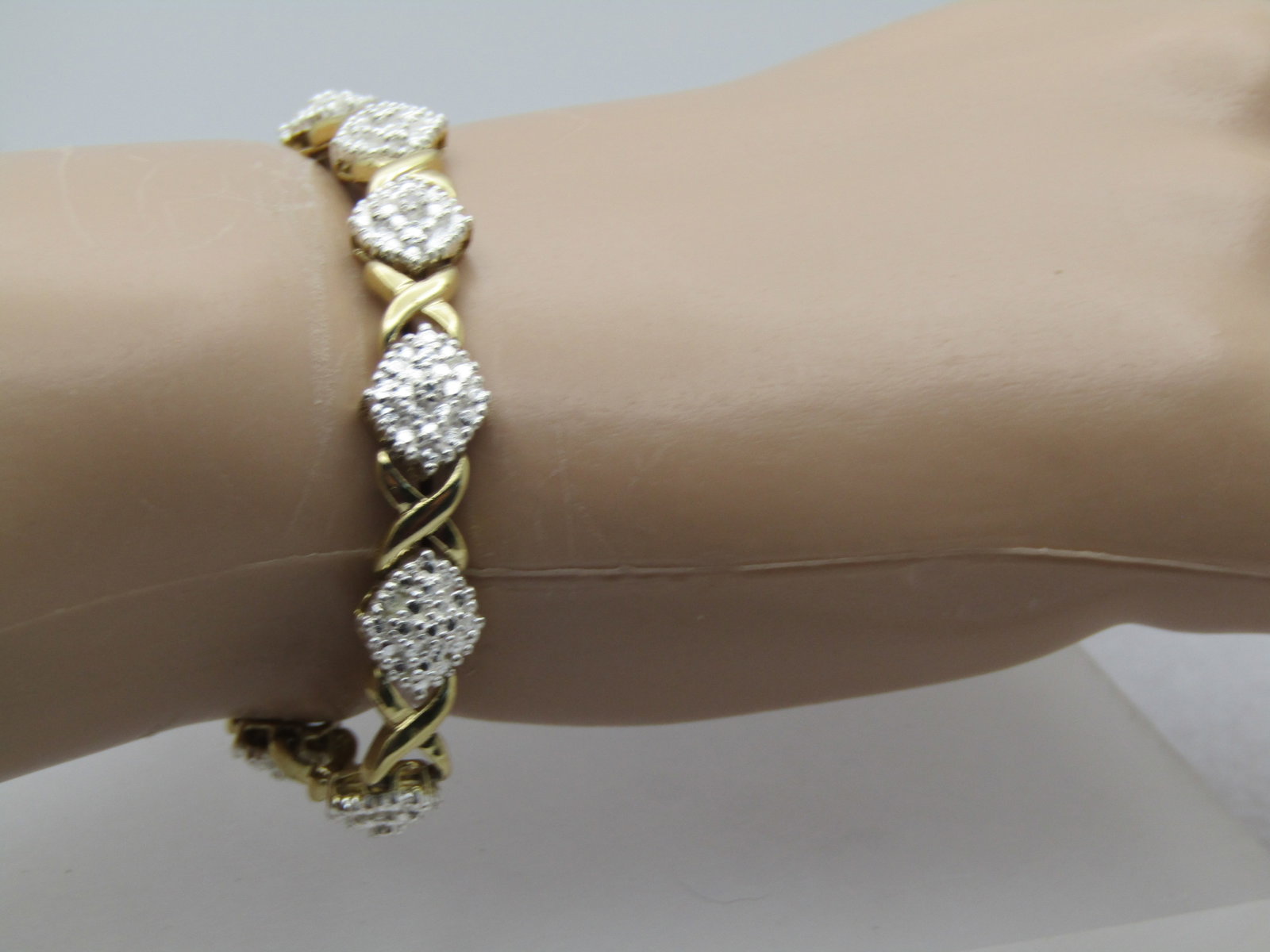Vintage Sterling X O Diamond Tennis Bracelet, Gold Over, 7.75" Illusion - 5