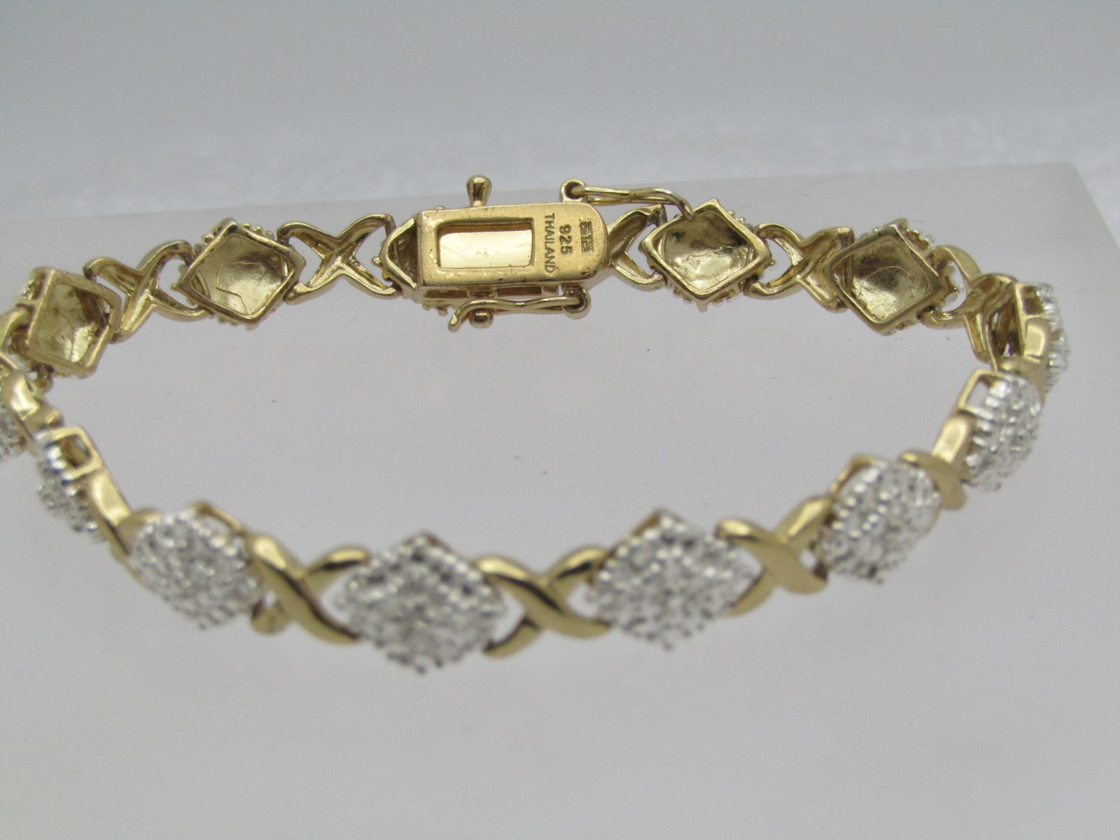 Vintage Sterling X O Diamond Tennis Bracelet, Gold Over, 7.75" Illusion - 7