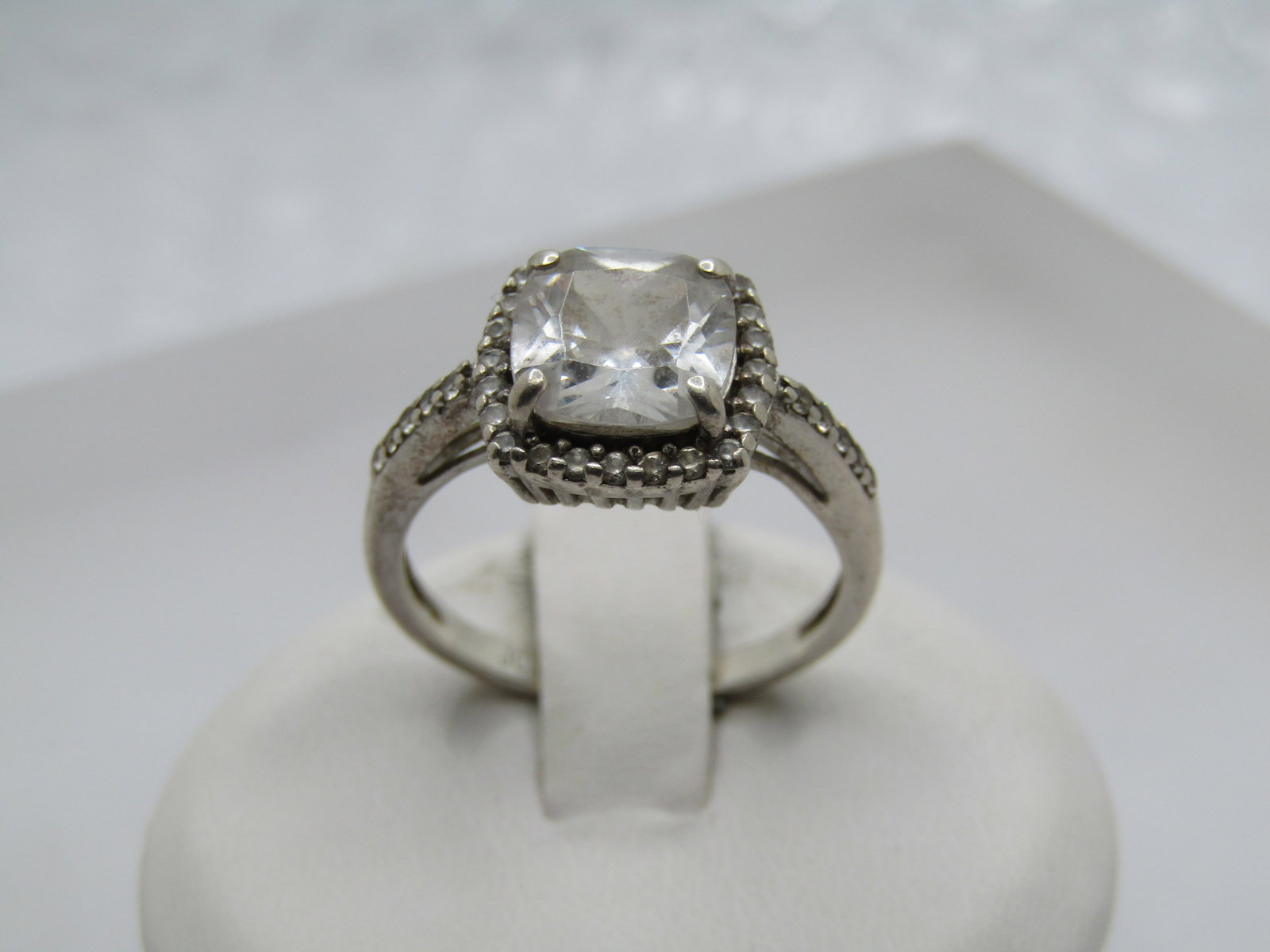Vintage Sterling CZ Halo Engagement ring, Sz. 7, Appx. 1.5 CTW, Signed: Title: Vintage Sterling CZ Halo Engagement ring, Sz. 7, Appx. 1.5 CTW, Signed Description: Vintage Sterling CZ Halo Engagement ring, Sz. 7, Appx. 1.5 CTW, Signed JCM (Jacmel) and marked sterling and