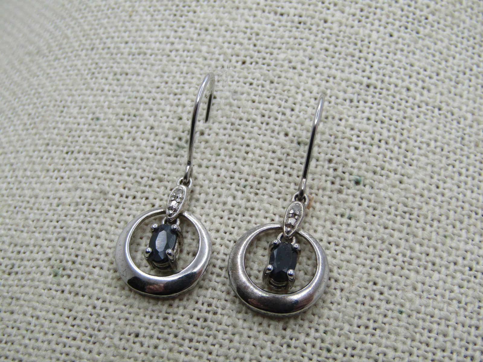 Vintage Sterling Dangle Sapphire Hoop Diamond Earrings, Diamond, Pierced, Signed - 5