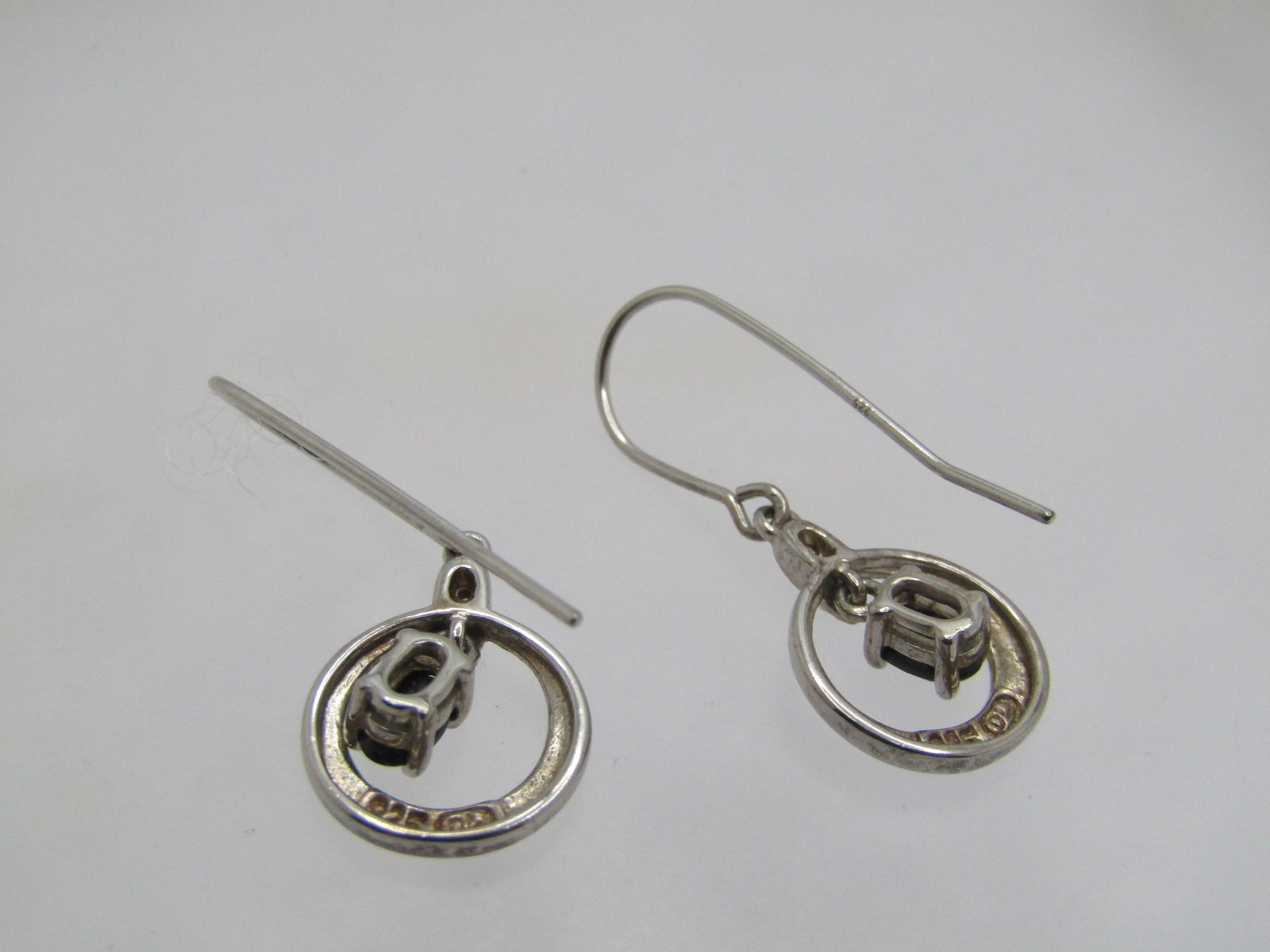Vintage Sterling Dangle Sapphire Hoop Diamond Earrings, Diamond, Pierced, Signed - 6