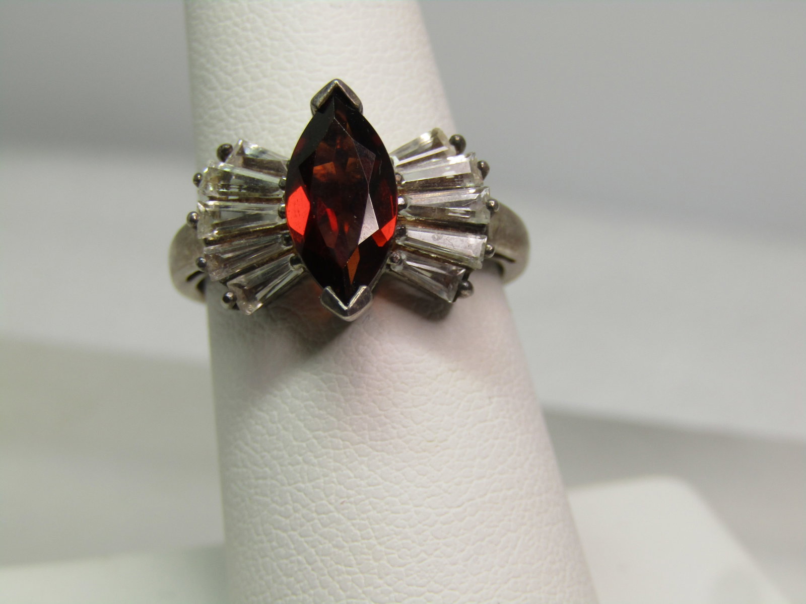 Vintage Sterling Garnet and White Topaz Ring, Sz. 7, 1980's-1990's , Signed - 2