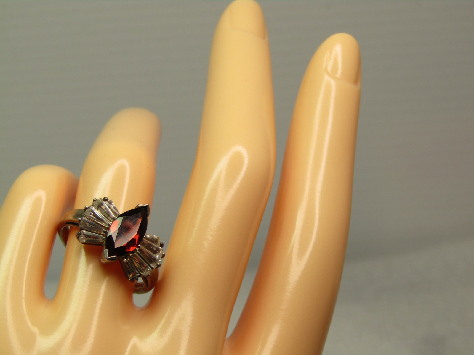 Vintage Sterling Garnet and White Topaz Ring, Sz. 7, 1980's-1990's , Signed - 6