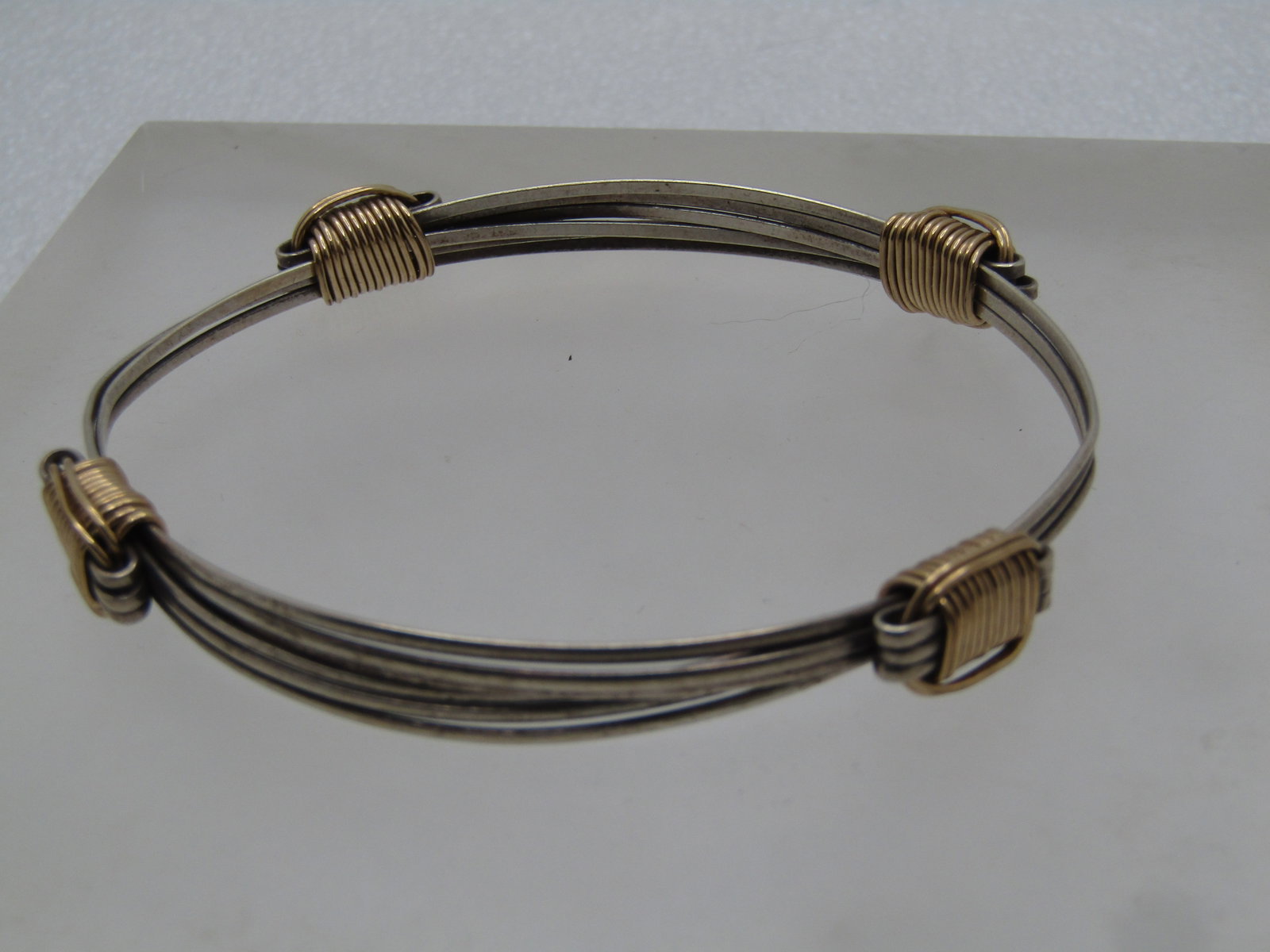 Vintage Sterling Multi-Strand Sliding Bangle Bracelet with 10kt Gold Wire Wraps, sz. 6.5"-8.5", - 2