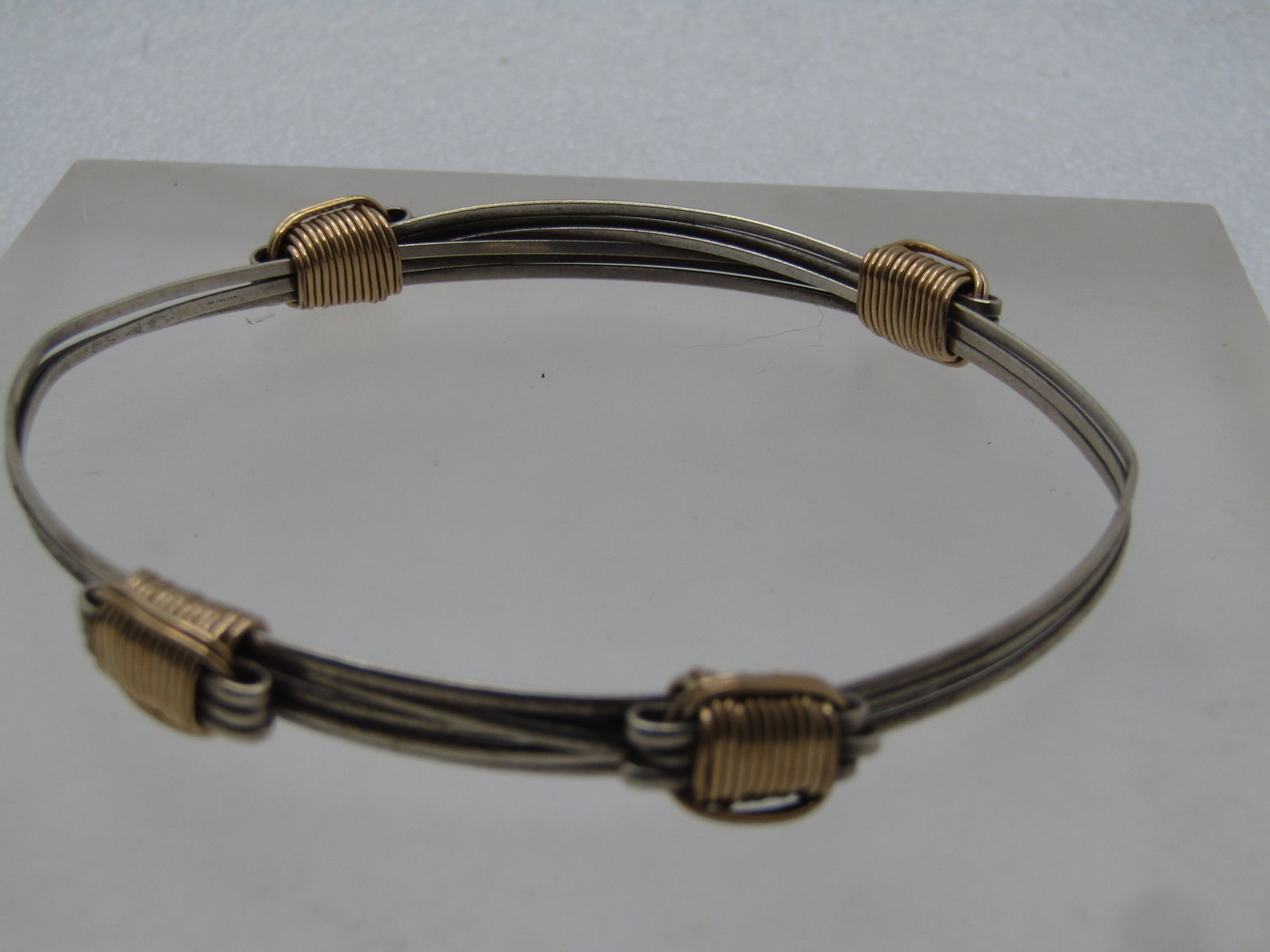 Vintage Sterling Multi-Strand Sliding Bangle Bracelet with 10kt Gold Wire Wraps, sz. 6.5"-8.5", - 3