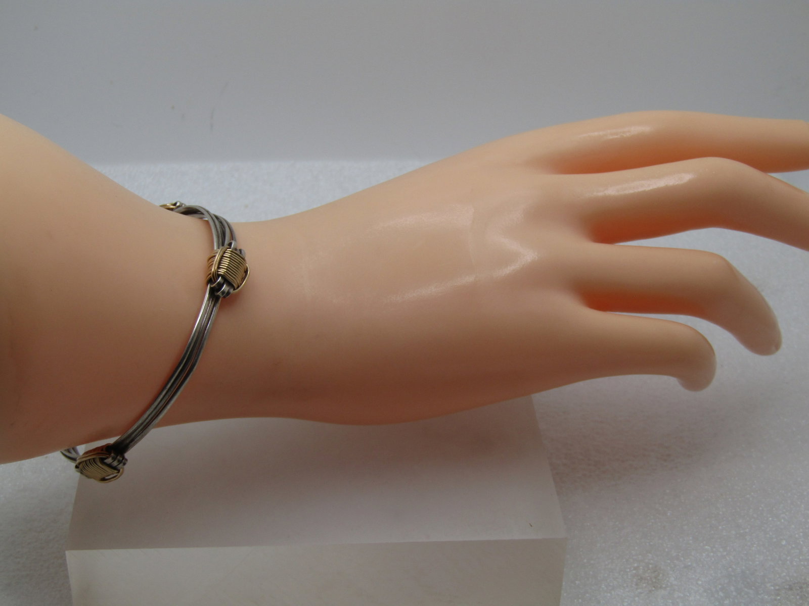 Vintage Sterling Multi-Strand Sliding Bangle Bracelet with 10kt Gold Wire Wraps, sz. 6.5"-8.5", - 6