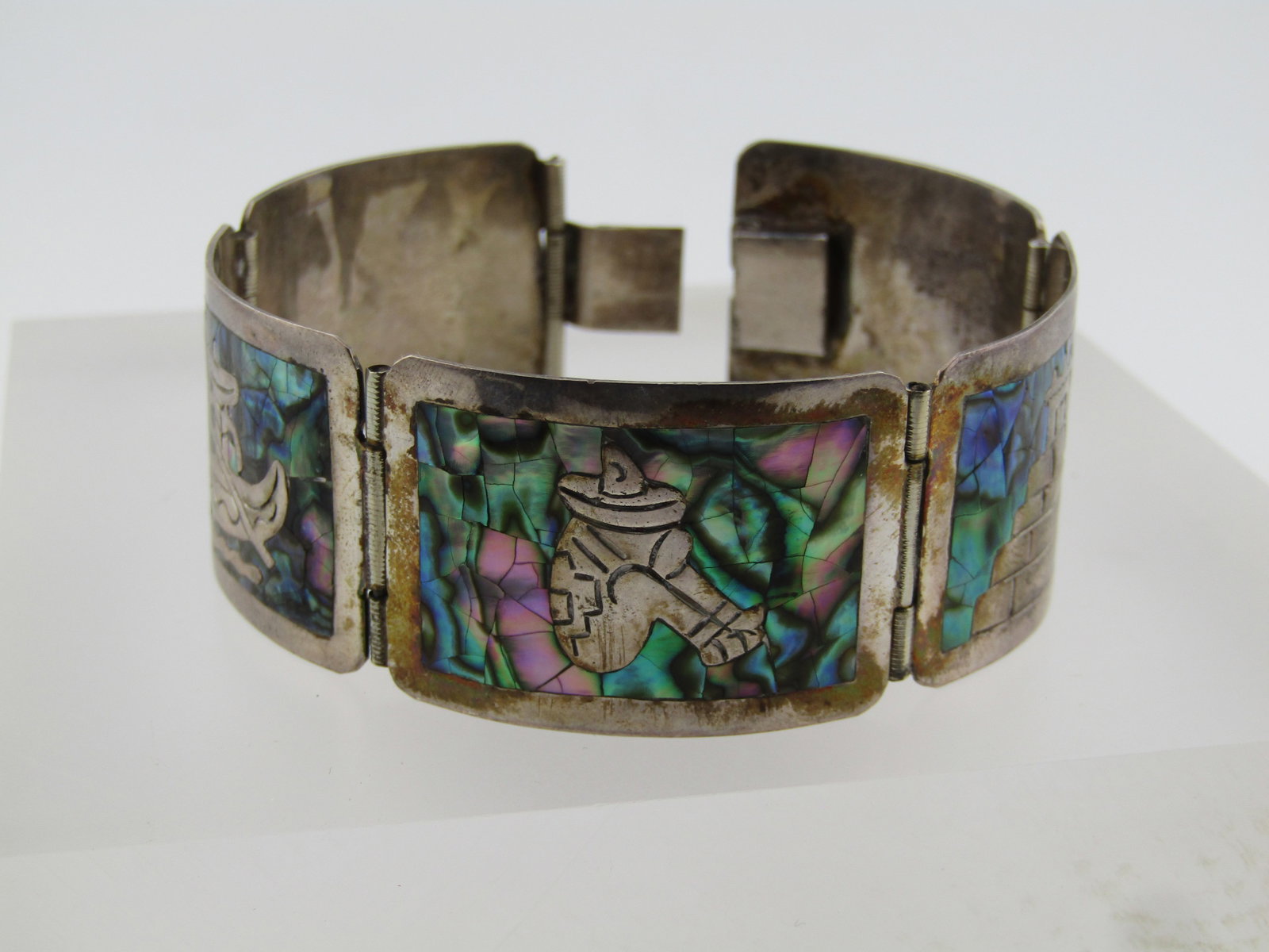 Vintage Sterling Inlaid Abalone Storyteller Bracelet, Mexico, 1950's-1960's, 6.5" (1 of 8)