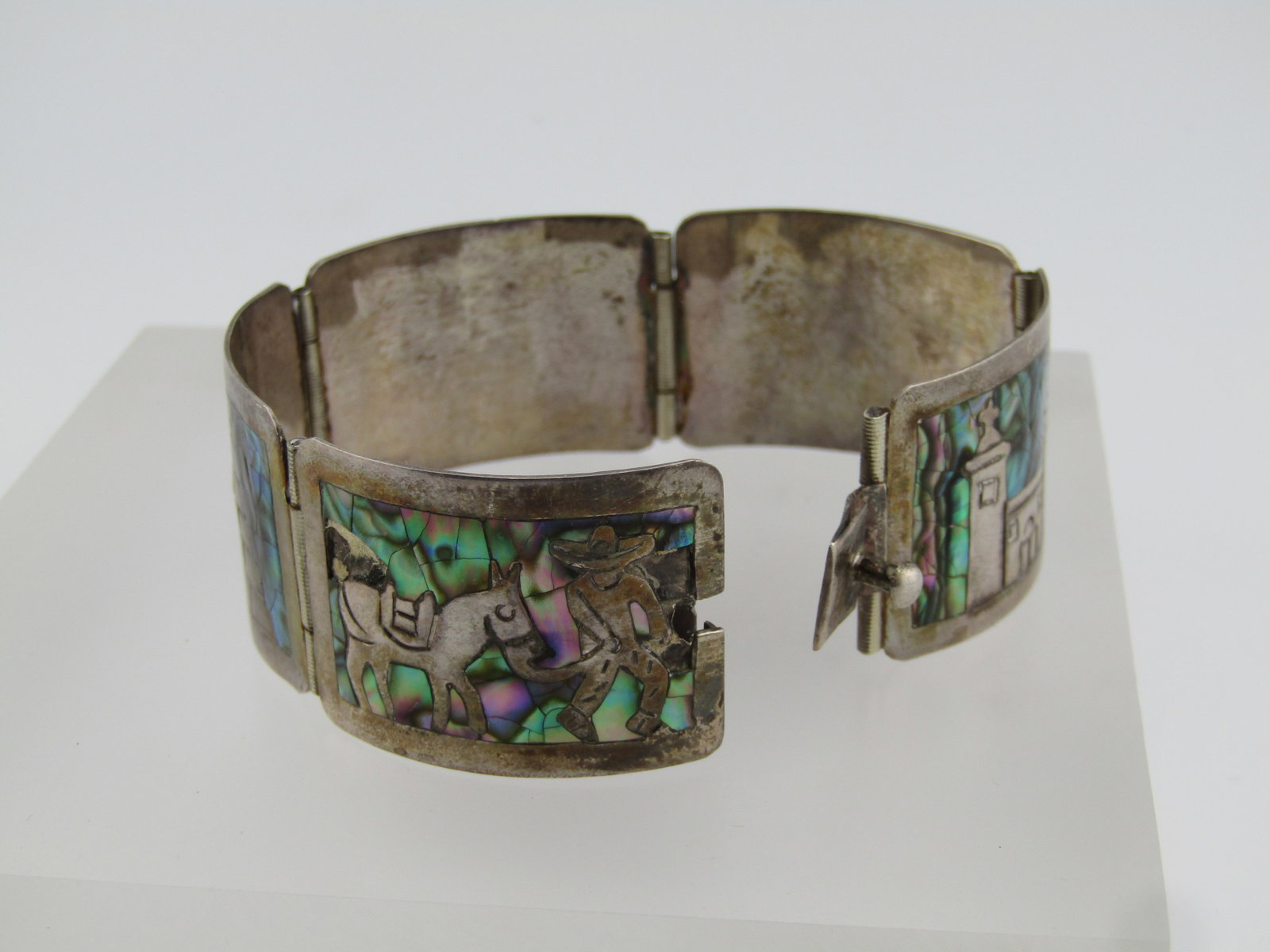 Vintage Sterling Inlaid Abalone Storyteller Bracelet, Mexico, 1950's-1960's, 6.5" - 2