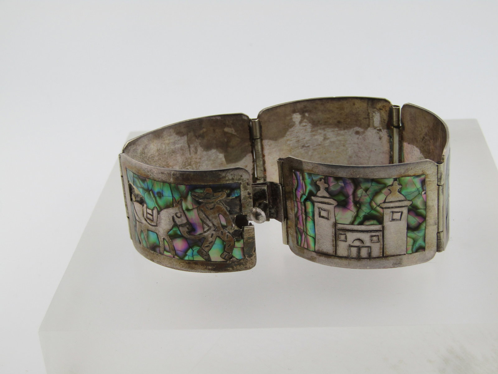 Vintage Sterling Inlaid Abalone Storyteller Bracelet, Mexico, 1950's-1960's, 6.5" - 3