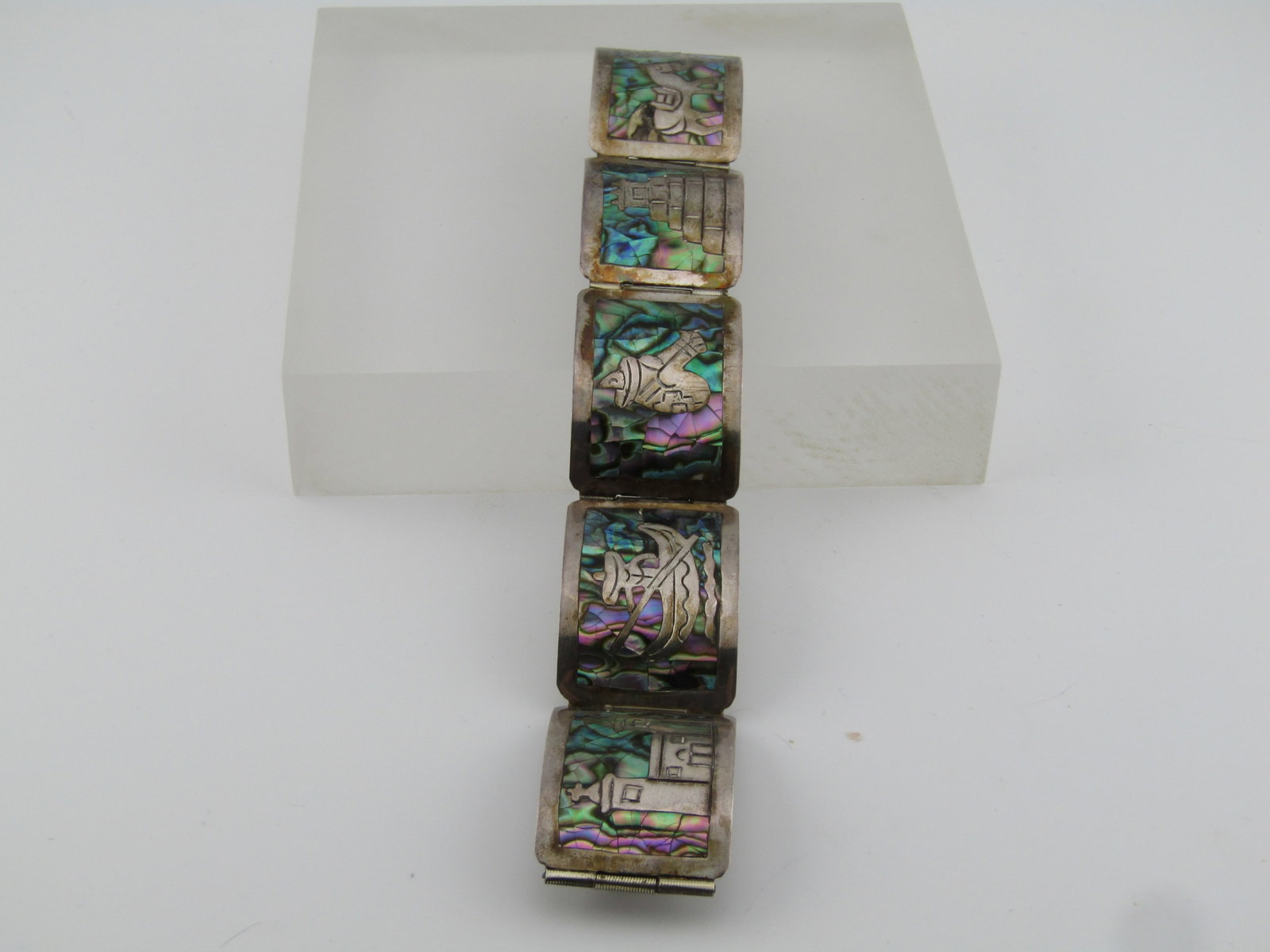 Vintage Sterling Inlaid Abalone Storyteller Bracelet, Mexico, 1950's-1960's, 6.5" - 5