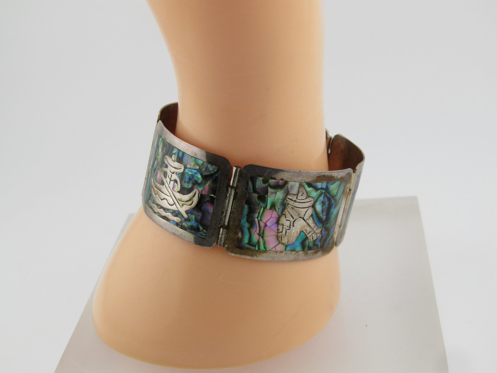 Vintage Sterling Inlaid Abalone Storyteller Bracelet, Mexico, 1950's-1960's, 6.5" - 6