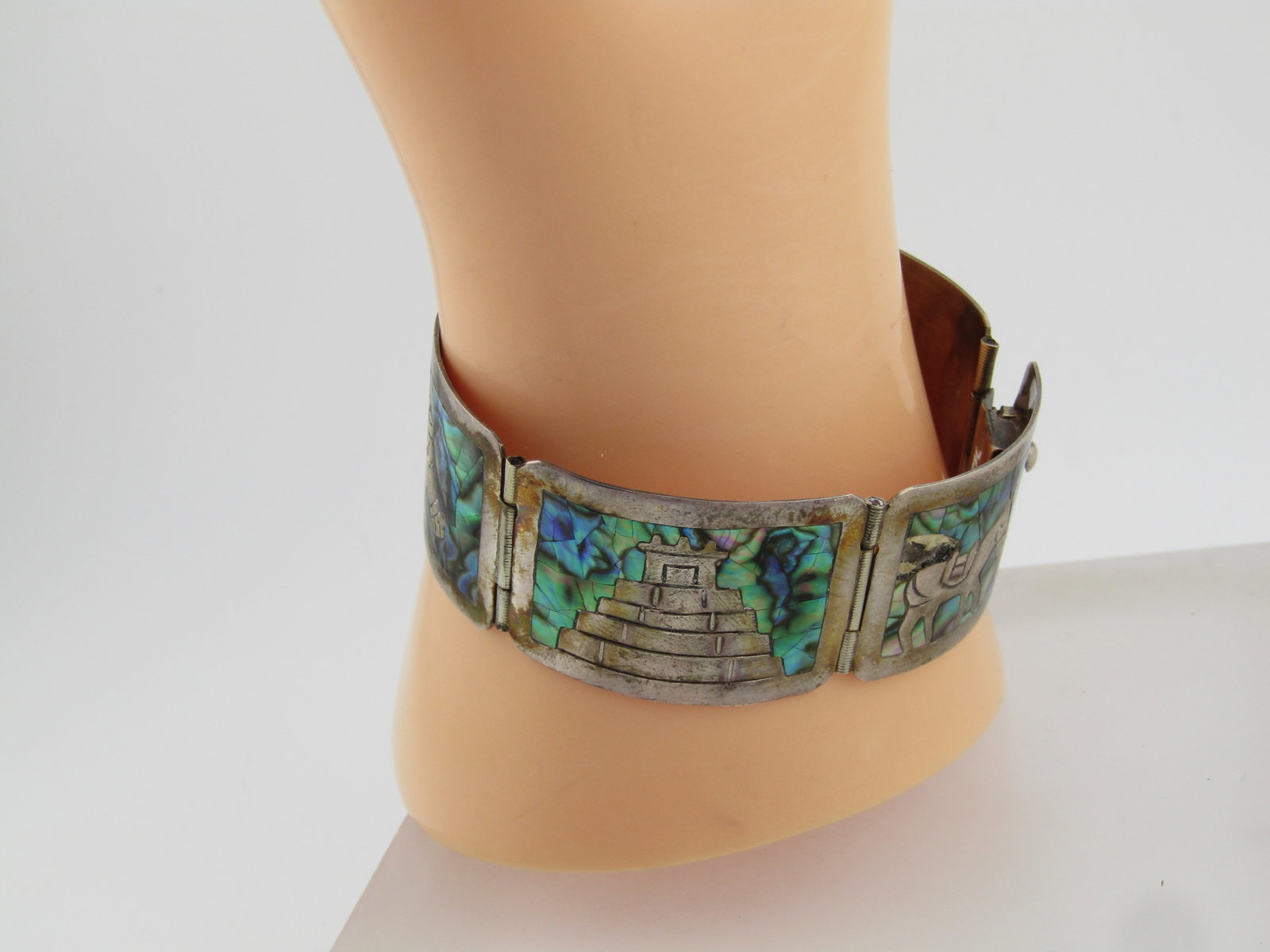Vintage Sterling Inlaid Abalone Storyteller Bracelet, Mexico, 1950's-1960's, 6.5" - 7