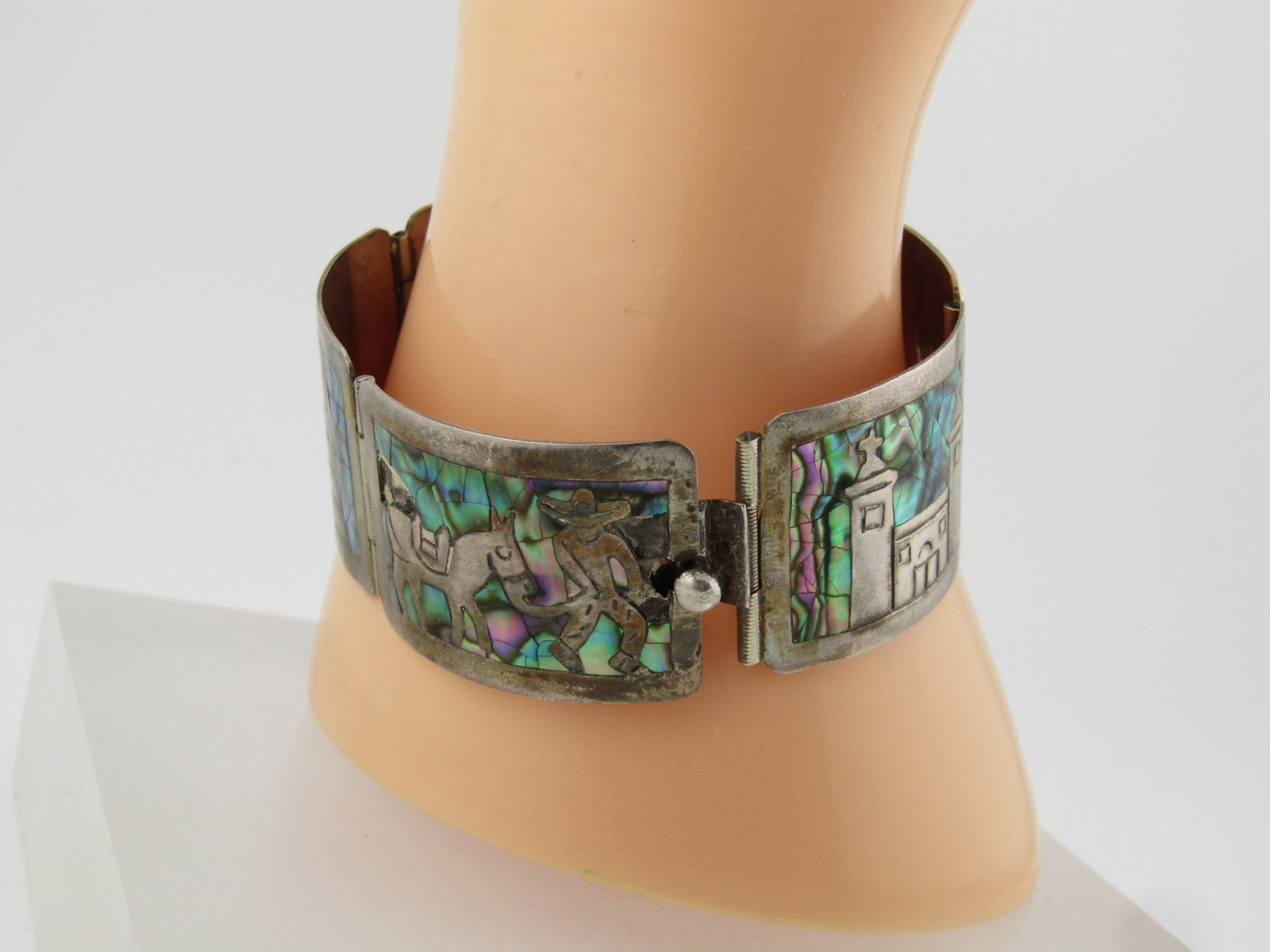 Vintage Sterling Inlaid Abalone Storyteller Bracelet, Mexico, 1950's-1960's, 6.5" - 8