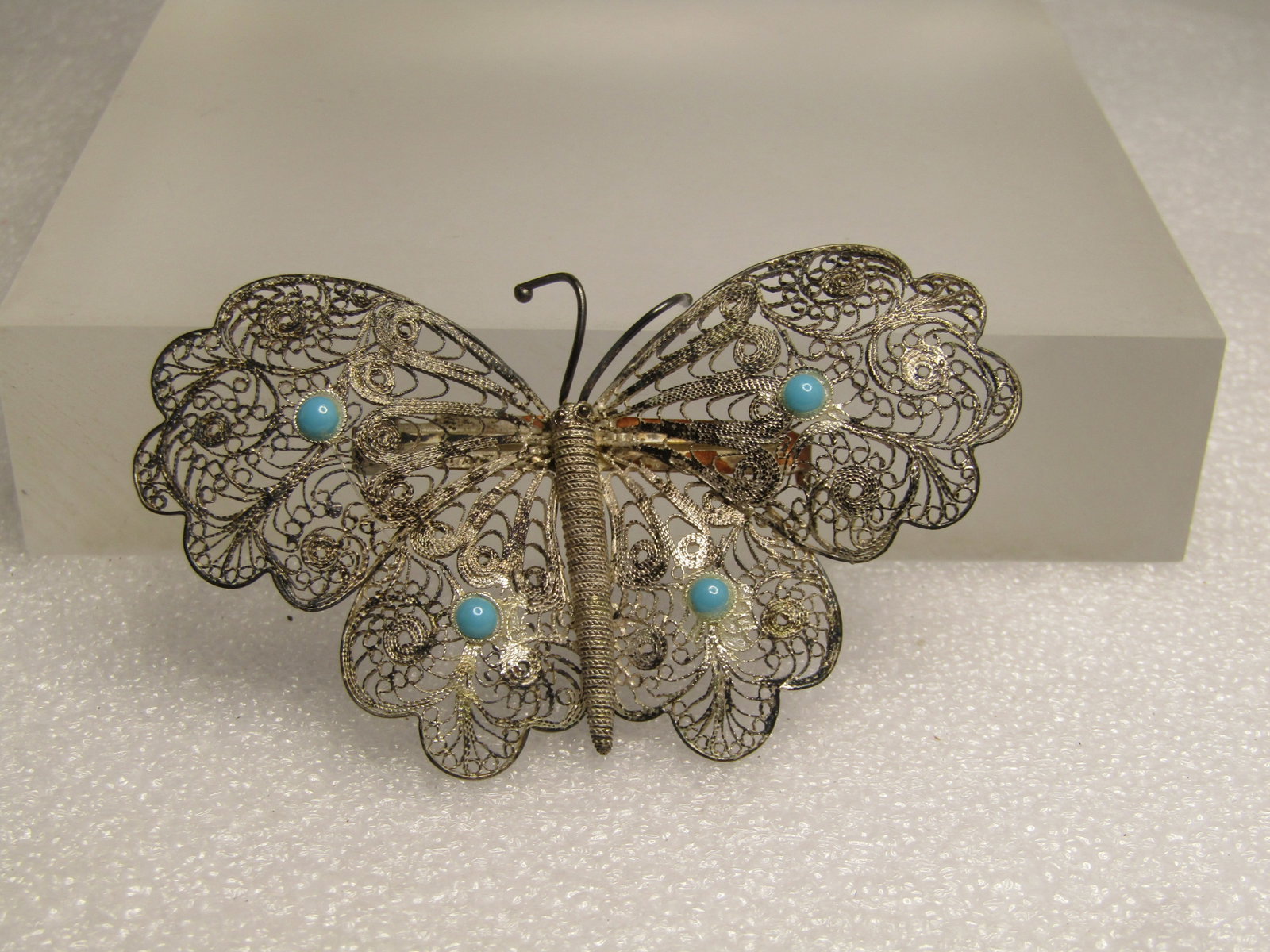Vintage .800 Silver Filigree Butterfly Brooch, 1930's-1940's, Faux Turquoise Stones (1 of 5)